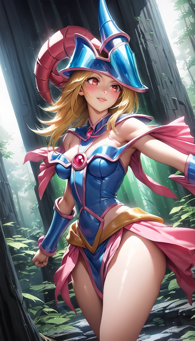 Cartoon character in hat，Full body photo，grassy fields，Bigchest，tmasterpiece，CG，High picture quality，A high resolution，Black Magician Girl，beautiful dark magician girl，dark magician girl from yu-gi-oh，Yugioh artwork