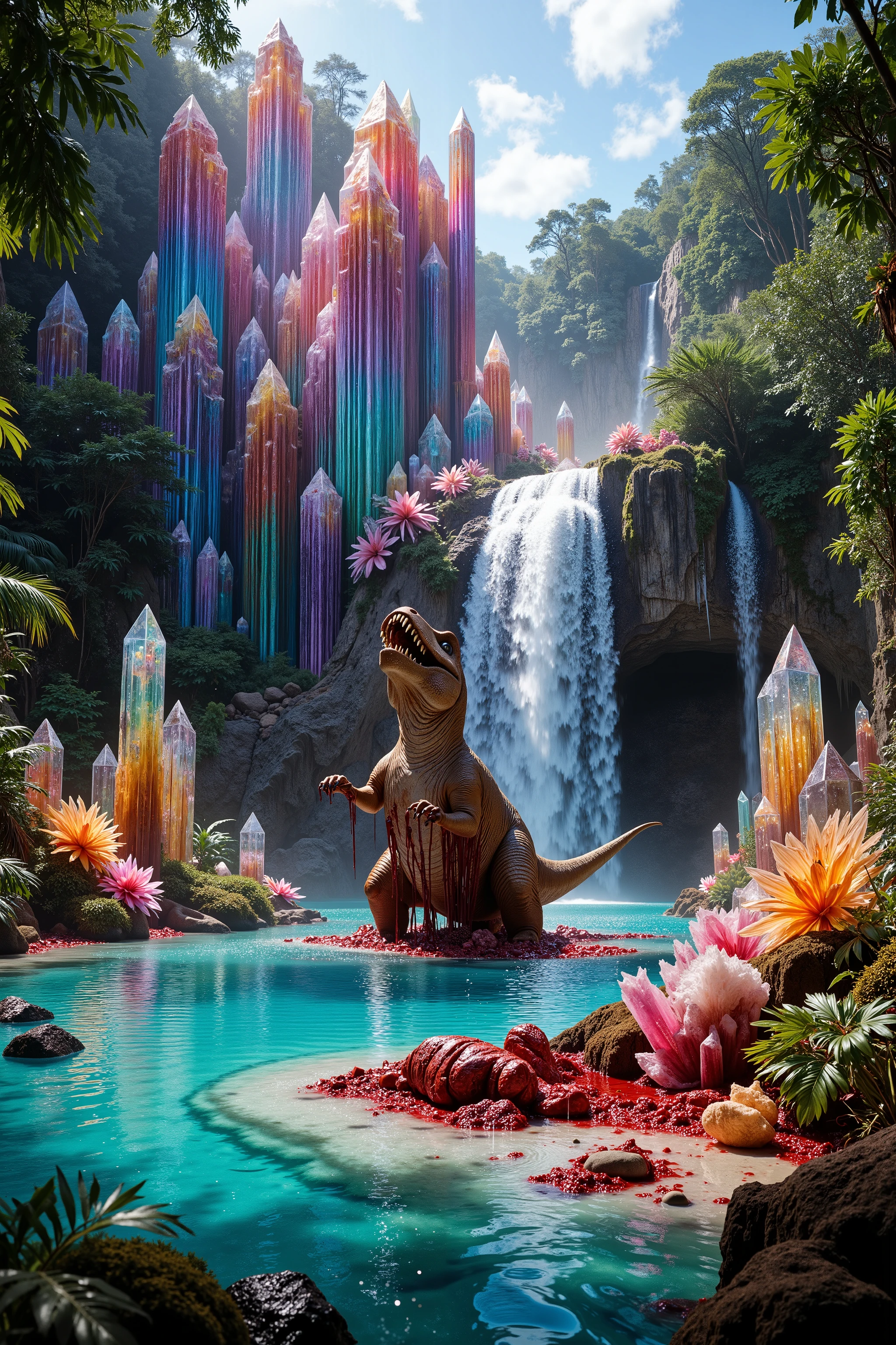 <lora:Auraquartz. A cliff that is 300 feet tall made up of gigantic quartz crystal points that are multicolored translucent pillars in a tropical rainforest. In the middle of these skyscraper sized quartz crystals is an incredible gushing, cascading waterfall that pours into a beautiful lagoon that is lined with smaller quartz crystals 20 to 40 feet tall. In hues of Pink, Red, Orange, Yellow, Green, Blue, and purple, there are hundreds of quartz crystal formations pointing up in the sunlight in the cliff and protruding from the perimeter of the lagoon. Be sure that they are partially translucent and radiate color in the bright full sunlight. <Lora:dinosaur In this Full Sunlight we see a Tyrannosaurus Rex as he has another dinosaur down and is tearing him to shreads in the lagoon. Huge chunks of red raw meat are ripped off by the T Rex and the crystal clear blue water becomes thick with blood all around them. Attention to detail on the dinosaurs. No red or glowing eyes. Natural detailed eyes. Detailed textured skin and claws. Detailed, realistic teeth. Blood on the face and 9n the teeth. Pieces of stringy meat and  blood hang and drip off the T Rex's enormous teeth, his mouth covered in blood, and his eyes full of carnivore ecstasy as he eats his prey. No red eyes! Graphic and disturbingly natural. Anatomically Correct Size and Proportion of T Rex!  Breathtakingly Beautiful, Stunning, Awe Inspiring, An Awesome Site! If you get it right! Macro photography,8K Octane, Action Painting, Artistic, Cinematic, Cinematography, Fujicolor,Hyperdetailed, Photorealistic,Portrait Photography, Surrealism, Unreal Engine, Sparkle, Cinematic Lighting, Glowing Light, Reflection Light, God Rays, Perspective, From below,Ultra bloody and gorey, UHD, Super Detailed, Best Quality, Award Winning, Ultra Masterpiece