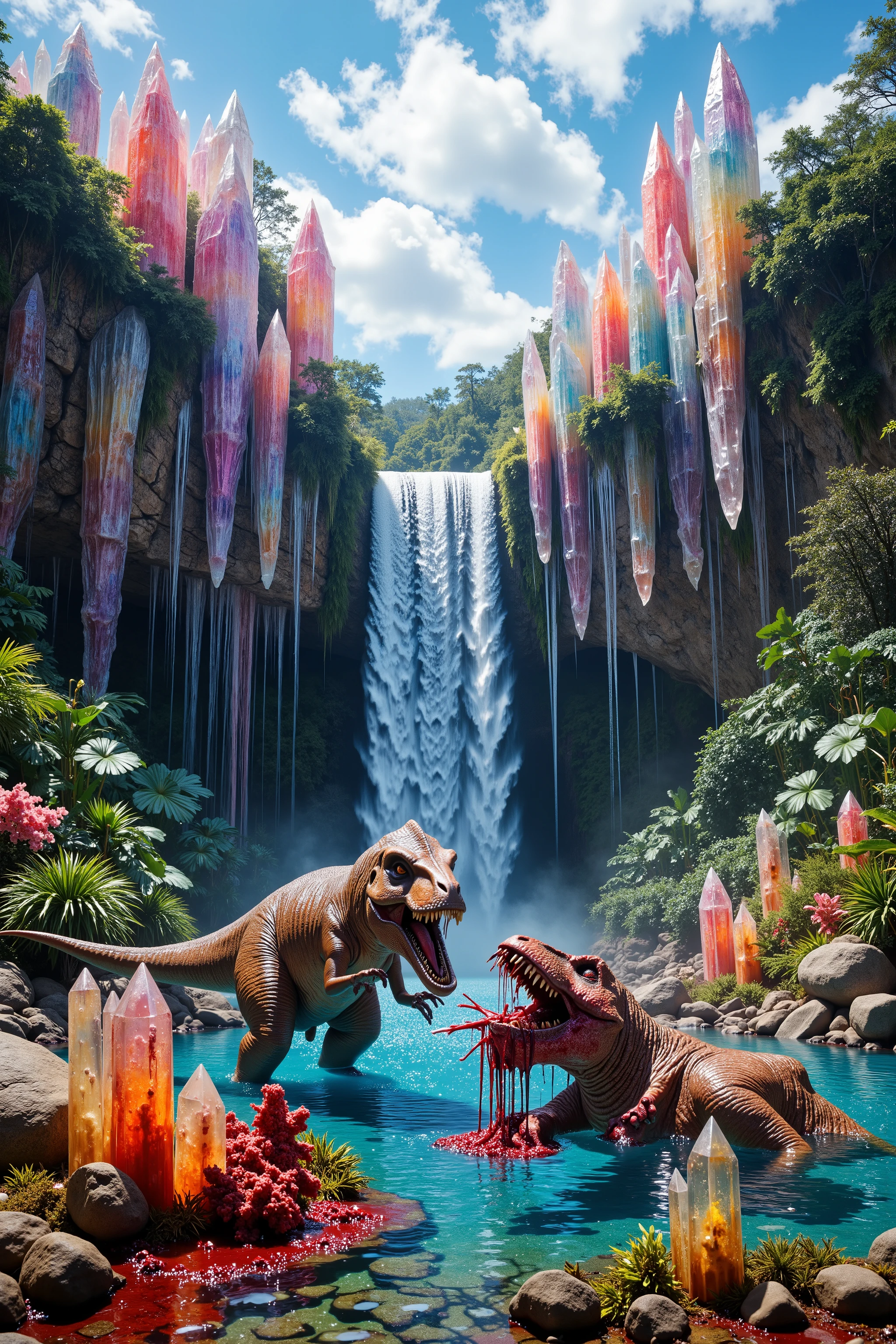 <lora:Auraquartz. A cliff that is 300 feet tall made up of gigantic quartz crystal points that are multicolored translucent pillars in a tropical rainforest. In the middle of these skyscraper sized quartz crystals is an incredible gushing, cascading waterfall that pours into a beautiful lagoon that is lined with smaller quartz crystals 20 to 40 feet tall. In hues of Pink, Red, Orange, Yellow, Green, Blue, and purple, there are hundreds of quartz crystal formations pointing up in the sunlight in the cliff and protruding from the perimeter of the lagoon. Be sure that they are partially translucent and radiate color in the bright full sunlight. <Lora:dinosaur In this Full Sunlight we see a Tyrannosaurus Rex as he has another dinosaur down and is tearing him to shreads in the lagoon. Huge chunks of red raw meat are ripped off by the T Rex and the crystal clear blue water becomes thick with blood all around them. Attention to detail on the dinosaurs. No red or glowing eyes. Natural detailed eyes. Detailed textured skin and claws. Detailed, realistic teeth. Blood on the face and 9n the teeth. Pieces of stringy meat and blood hang and drip off the T Rex's enormous teeth, his mouth covered in blood, and his eyes full of carnivore ecstasy as he eats his prey. No red eyes! Graphic and disturbingly natural. Anatomically Correct Size and Proportion of T Rex! Breathtakingly Beautiful, Stunning, Awe Inspiring, An Awesome Site! If you get it right! Macro photography,8K Octane, Action Painting, Artistic, Cinematic, Cinematography, Fujicolor,Hyperdetailed, Photorealistic,Portrait Photography, Surrealism, Unreal Engine, Sparkle, Cinematic Lighting, Glowing Light, Reflection Light, God Rays, Perspective, From below,Ultra bloody and gorey, UHD, Super Detailed, Best Quality, Award Winning, Ultra Masterpiece