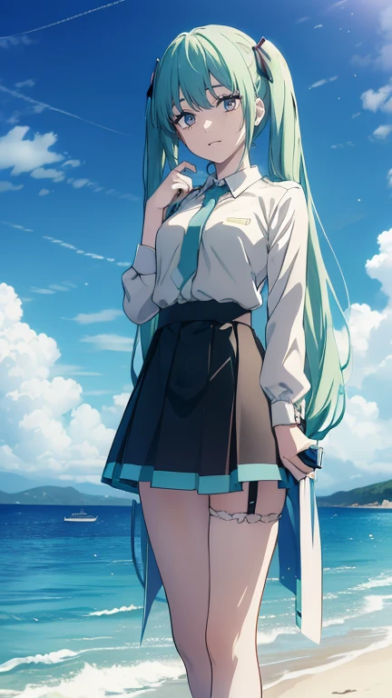 ((highest quality)), ((masterpiece)), ((1 girl)), alone, ferry, ((long hair)), ferryBase, ((Thighhighs)), bare shoulders, ((jewelry)), ((No sleeve)), white dress, blue skirt, ((gloves)), thigh height, from behind.