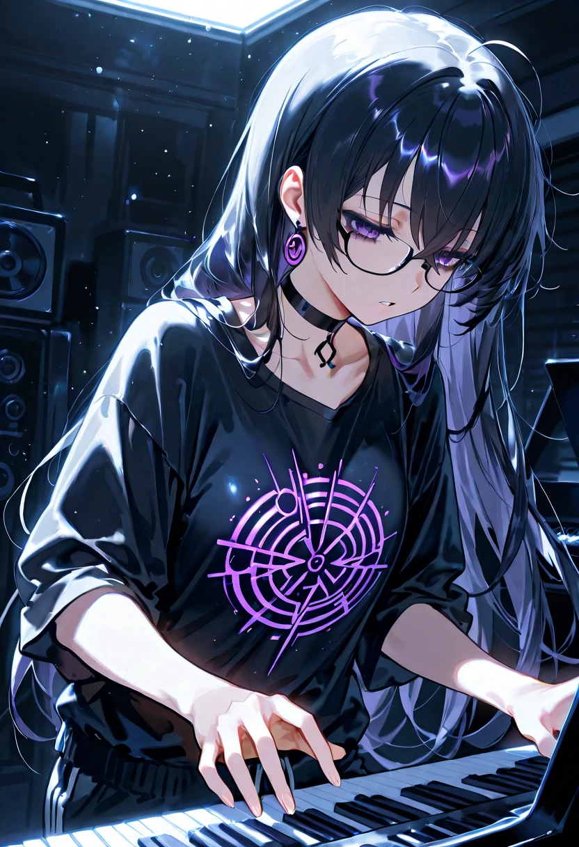 score_9, score_8_up, score_7_up, source_anime, 1girl, purple eyes, (dark circles under eyes), earrings, long hair, black hair, solo, parted lips, looking down, black choker, emo graphic shirt, sweatpants, ((playing the electric piano, wears glasses, sleepy)), (masterpiece, studio background, dynamic angle, highly detailed, detailed eyes, perfect eyes, best quality)