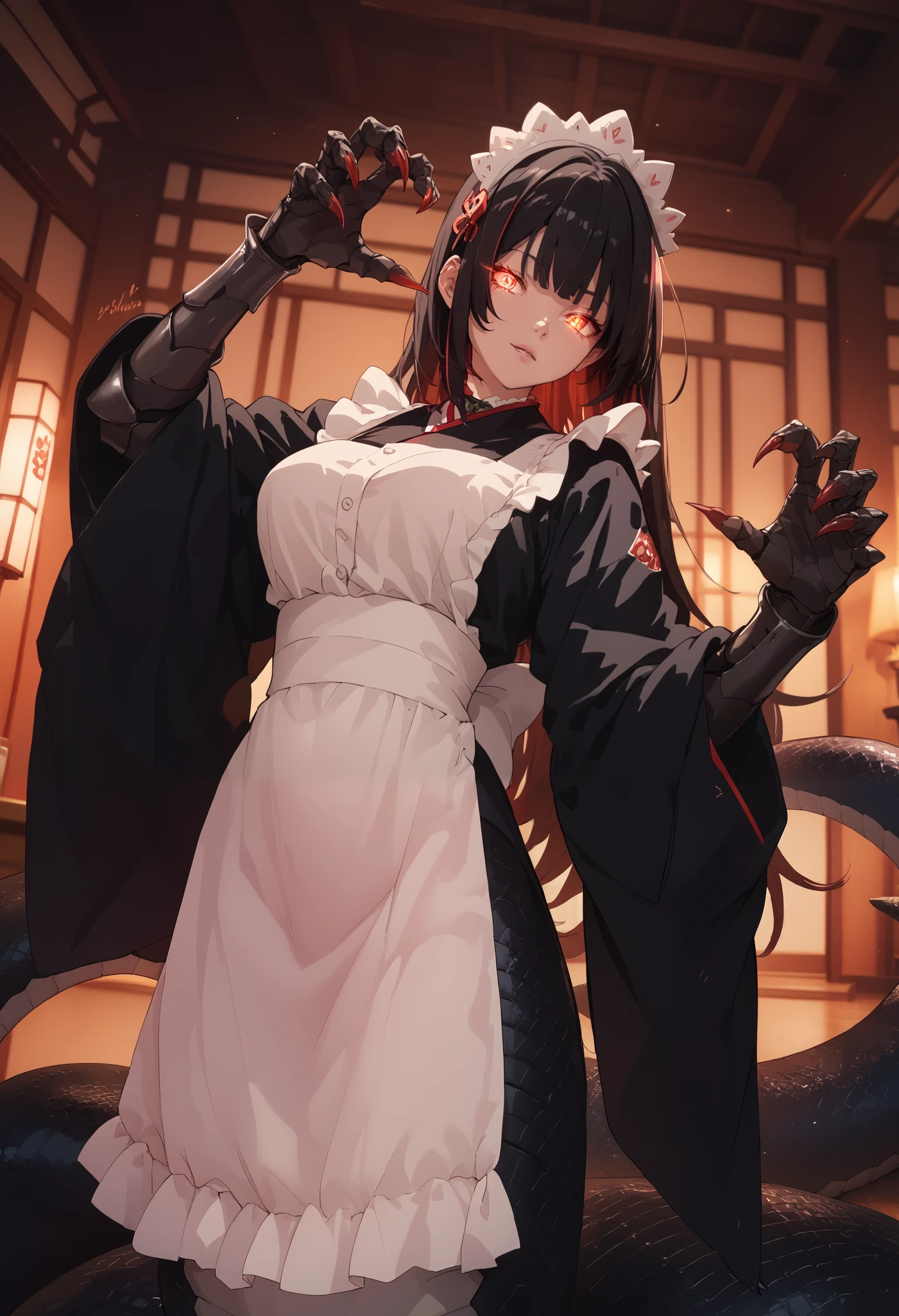 Lamia-style girl. Black snake body. Black straight hair. Japanese maid outfit. Armored hand.. Spiky. Red glowing lines. Sharp claws. Glowing eyes. Cat pupils. Japanese-style architecture.