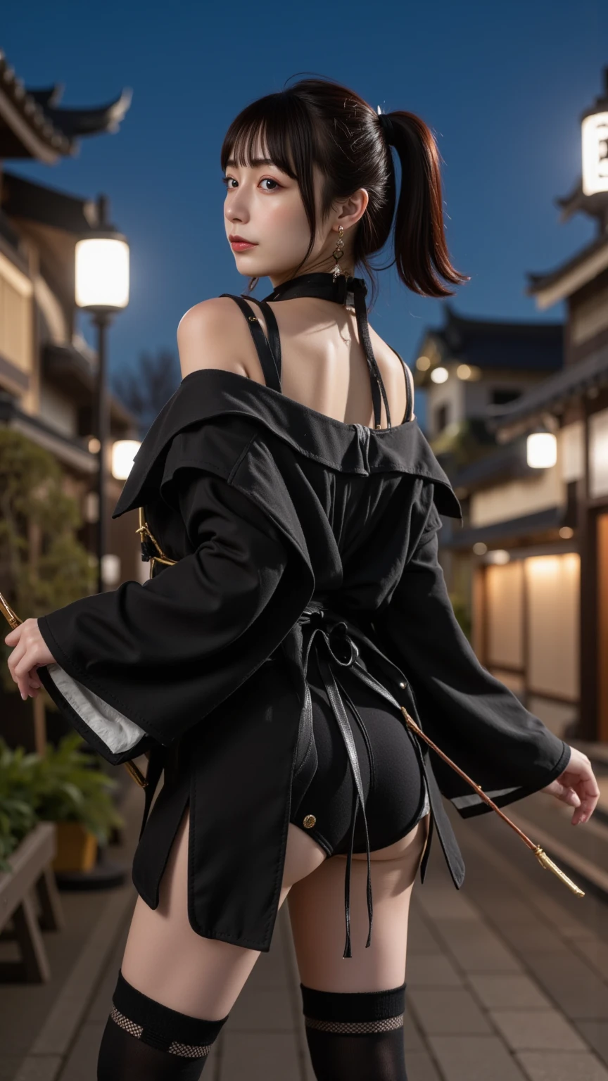 masterpiece, top quality, best quality, official art, beautiful and aesthetic:1.2),1girl, tattoo, solo, japanese clothes,sexy intricate red and black kimono, hair ornament, unsheathing, black hair, sheath, back tattoo, dragon tattoo, blue eyes, off shoulder, bare shoulders, flower, looking at viewer, holding, makeup, outdoor, big breasts and hourglass figure 