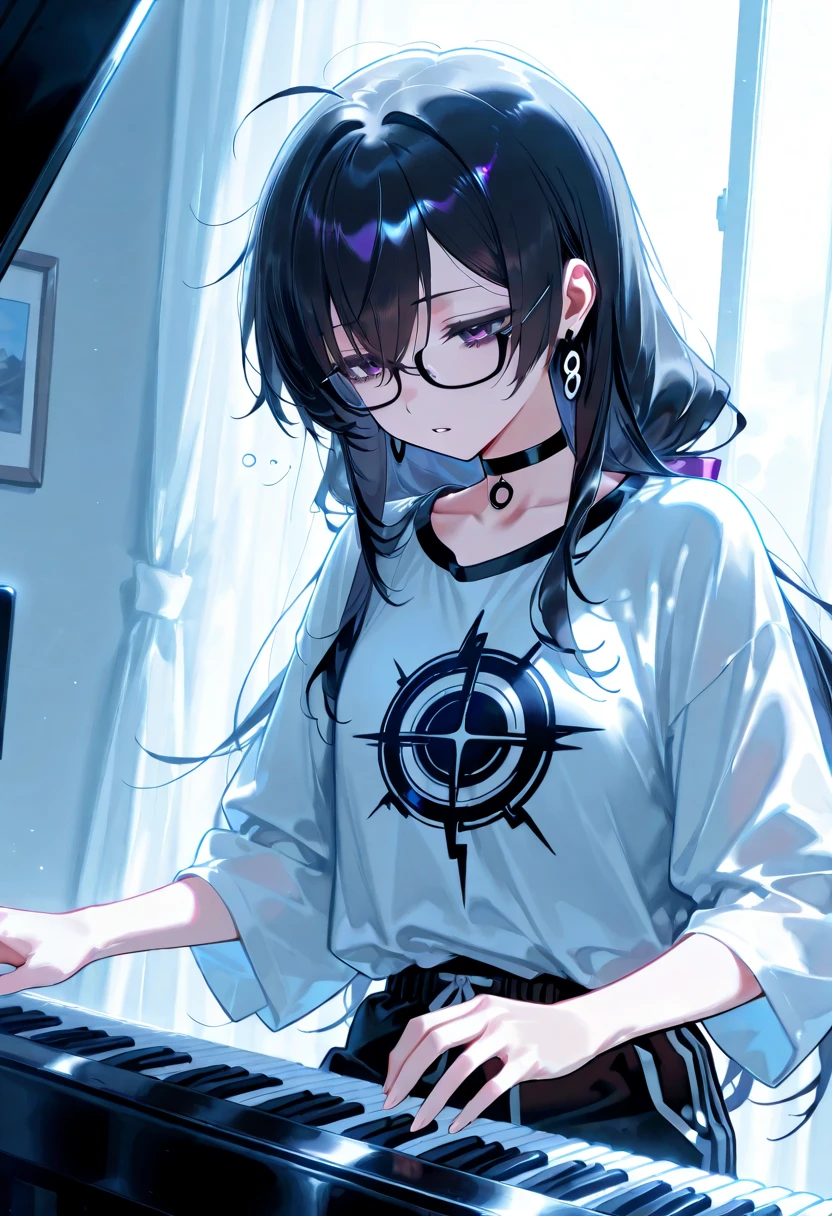 score_9, score_8_up, score_7_up, source_anime, 1girl, purple eyes, (dark circles under eyes), earrings, long hair, black hair, solo, parted lips, looking down, black choker, emo graphic shirt, sweatpants, ((playing the electric piano, wears glasses, sleepy)), (masterpiece, studio background, dynamic angle, highly detailed, detailed eyes, perfect eyes, best quality)