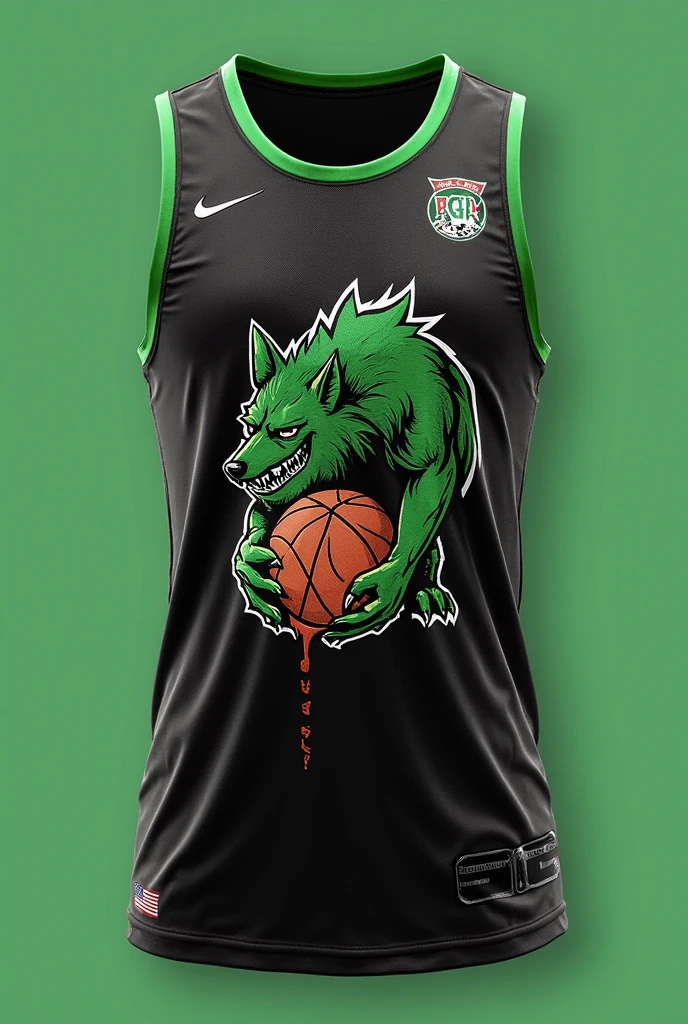 A basketball uniform with purple colors, green and white with a school logo