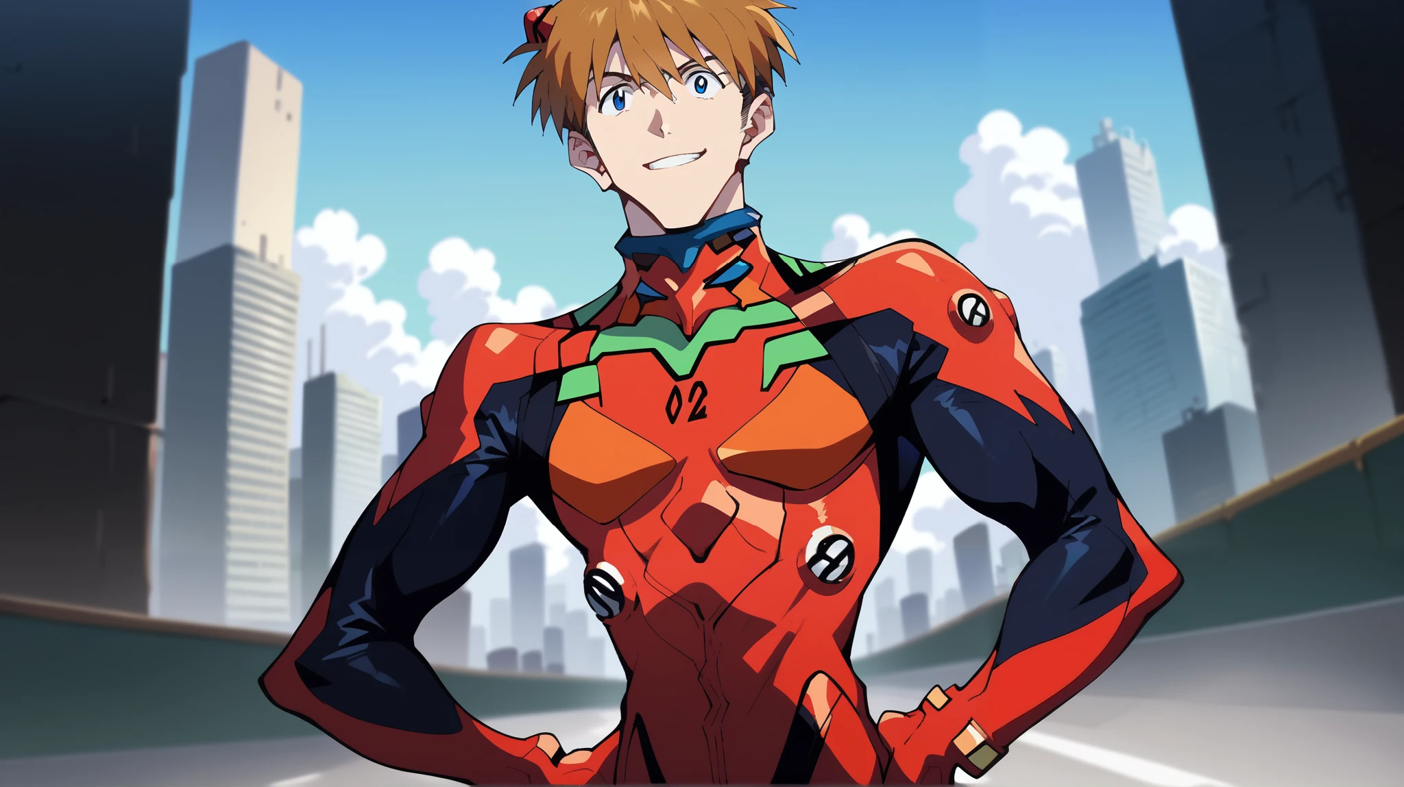 score_9, score_8_up, score_7_up, source_anime,
1boy, solo, male version asuka langley soryu, asuka langley soryu but male, hand some, muscular man,(( short hair)), blue eyes, brown hair, hair ornament,
bodysuit, pilot suit, plugsuit, red bodysuit, interface headset,
outdoors, cityscape, hands on hips, smile,
cowboy shot, looking at viewer, dutch angle,