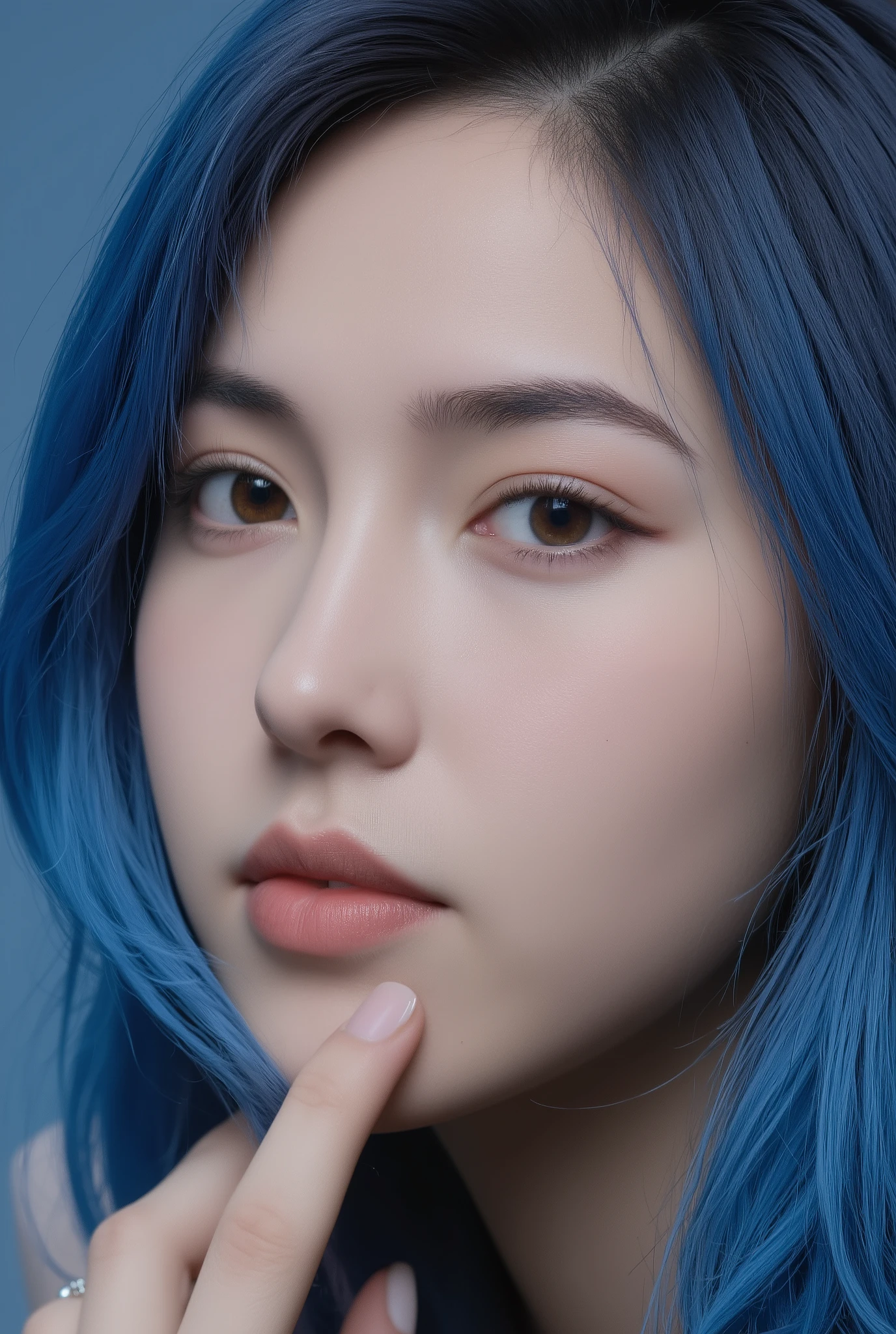blue hair,black eyes
,detailed and well-contrasting hair and eyes, Young female de hood de cor cinza, Photo trunk up, high quality and best resolution, background/scenario that matches the character/Young female, hands touching the face. Perfect anatomy from the torso upwards in line with the clothes/hood. Just her in the image. Young adult with a youthful and cinematic face/HD wall portrait. Delineated and outlined nails .. anatomically correct fingers . Only one hand from the woman in the photo .. preferably touching the hair curling it