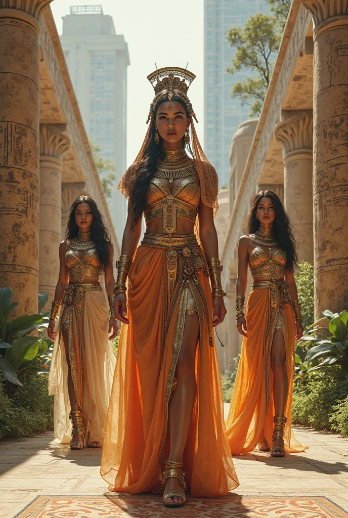 A very beautiful image of Cleopatra with her crown and royal clothing, radiating power and majesty. full body The background may show the pyramids of Giza or the Nile River, symbols of ancient egypt. with real cleopatra face