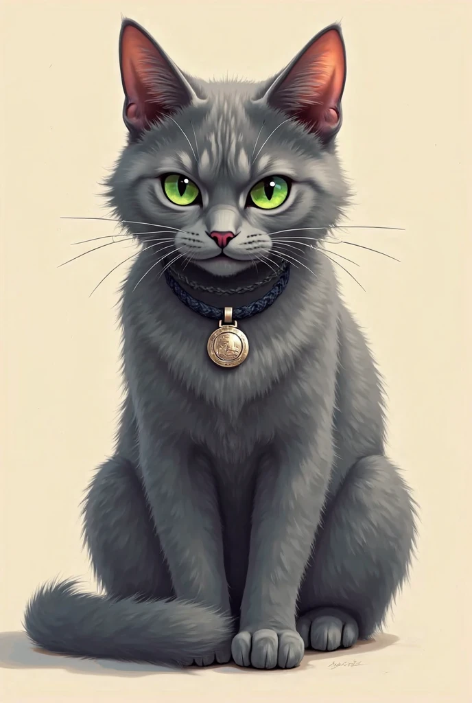 “A semi-realistic digital illustration with line art and modern comic touches of a Russian blue-breed cat with gray fur sitting . The cat has a focused and attentive expression, with a dark necklace and a shiny medal hanging around its neck. His eyes are flashy and angry , one with a green tone , which gives it a mysterious air . The lighting should highlight the details of its soft coat and its elegant posture. The background can be minimalist beige .”