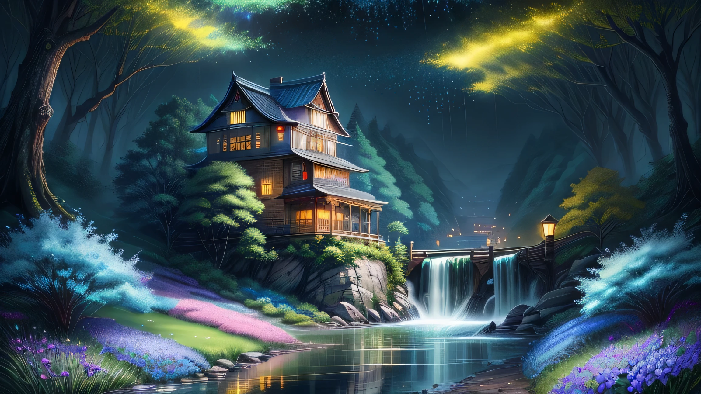 colorful、rain、Heavy rain、Creek、village、Great Falls、high30What is a waterfall、There is a pond 、A river、Masterpiece、 top quality in school、highquality、High details、Bright green grass landscape、Colorful trees々、beautiful sparkling trees々、Colorful trees々、sparkling fruits、and bright, shining blue flowers、The air is full of sweet, unusual scents。a fantastic world、Glowing fireflies and colorful fireflies flying around、bloom、 colorful、realism、High details、 is intricate