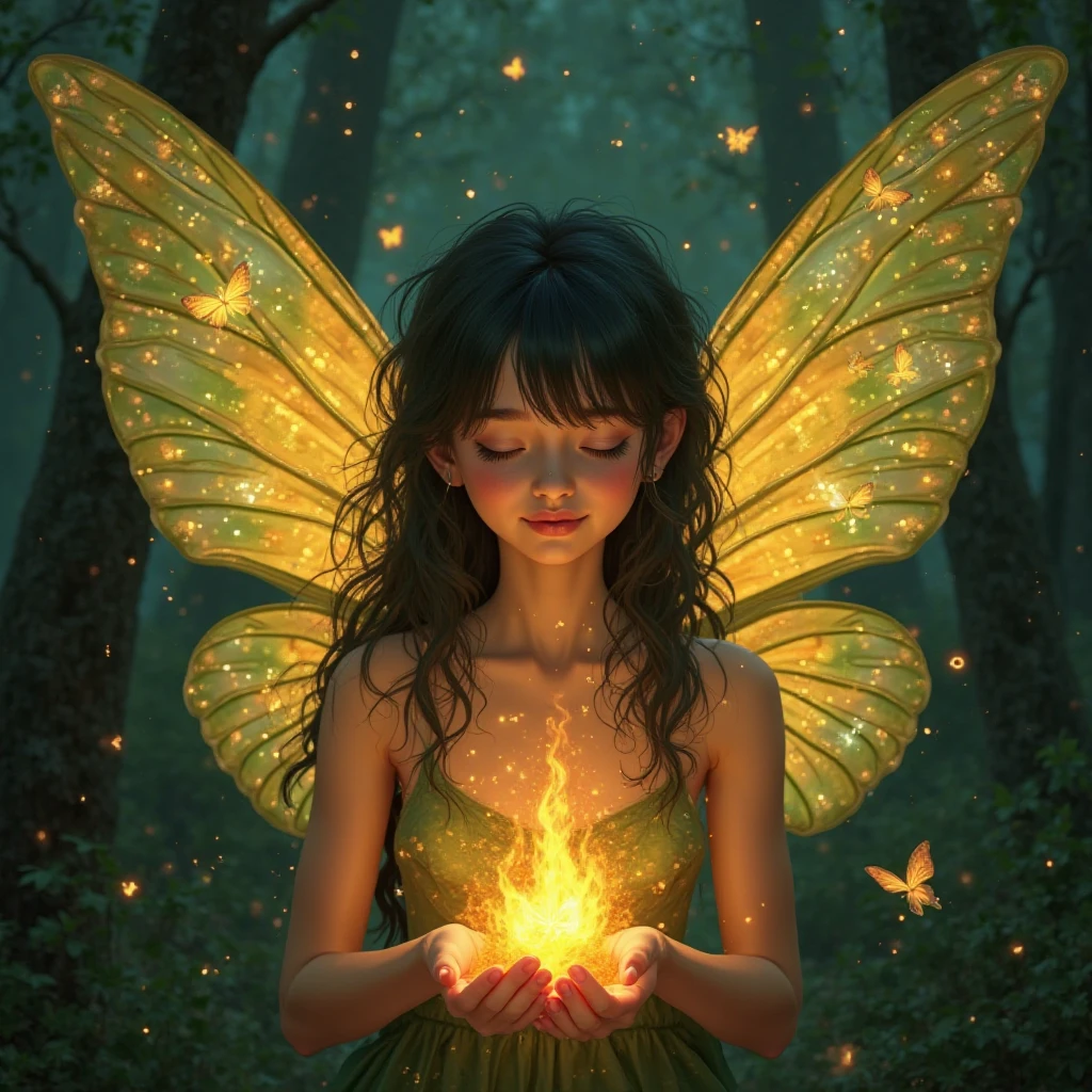 A fairy with huge golden wings from the forest with her eyes closed and her hands making a green and orange fire, with black hair and little green butterflies around it, With the background of night in the forest