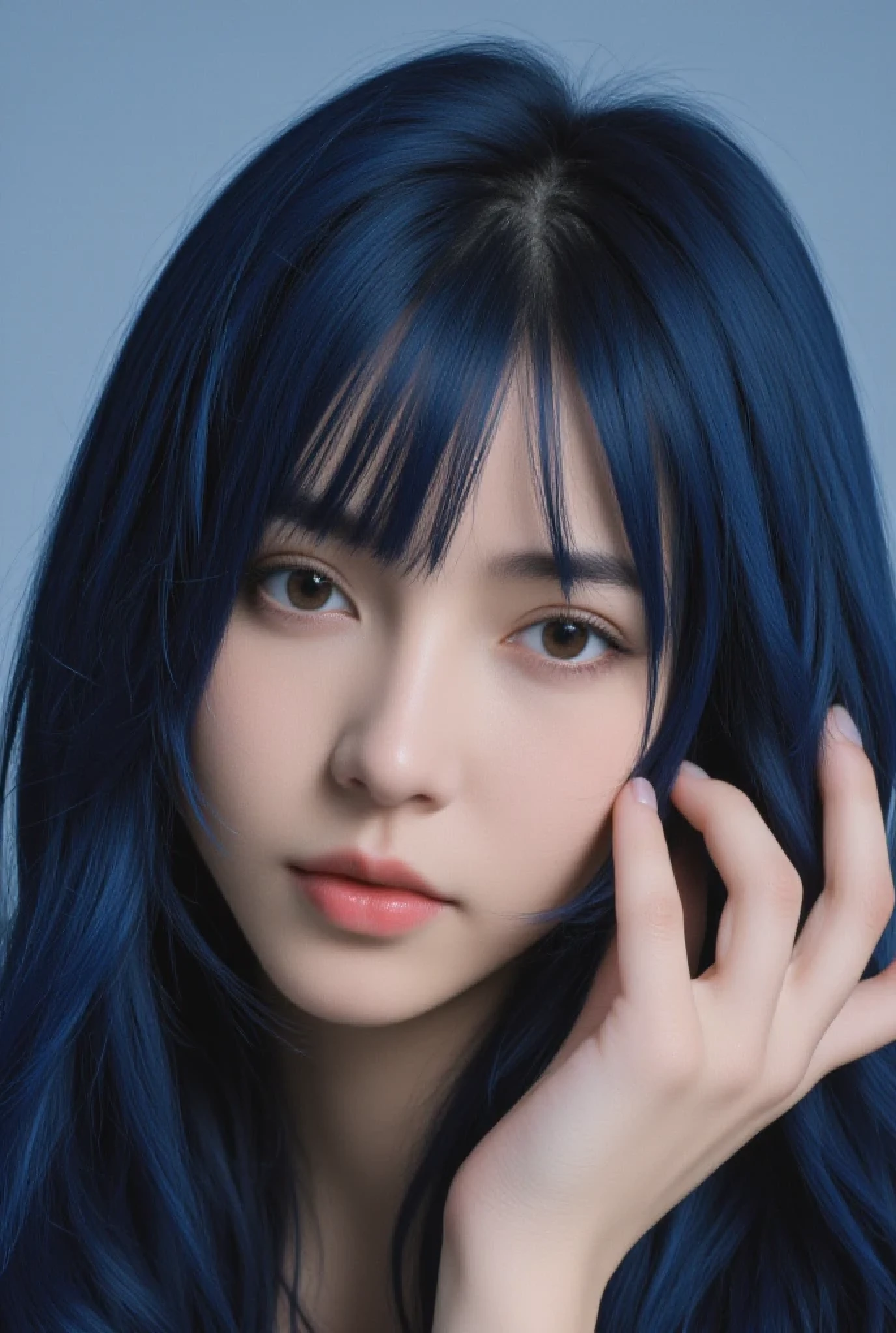 blue hair,black eyes
,detailed and contrasting hair and eyes, Young female de hood de cor cinza, Photo trunk up, high quality and best resolution, background/scenario that matches the character/Young female, hands touching the face. Perfect anatomy from the torso upwards in line with the clothes/hood. Just her in the image. Young adult with a youthful and cinematic face/HD wall portrait. Delineated and outlined nails ..  anatomically correct fingers  ((while touching the woman in question's own hair)).