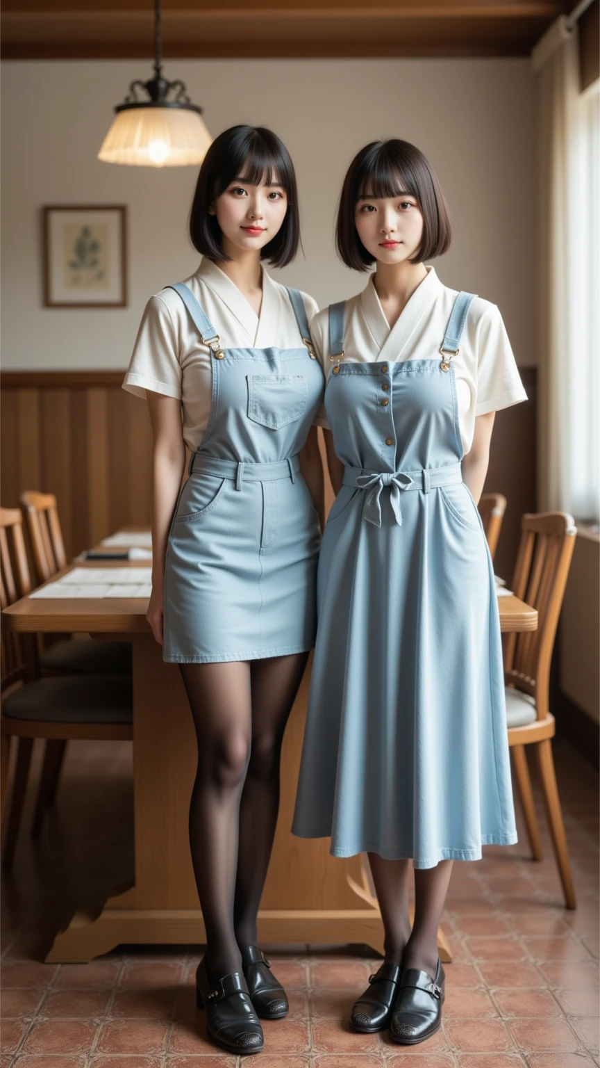 4k、high-level image quality、Photoreal Stik、realisticlying、Japan women and one woman、Family Waitress、pinafore、Dark blue dress、Lace collar、bow ribbon、a miniskirt、high socks、