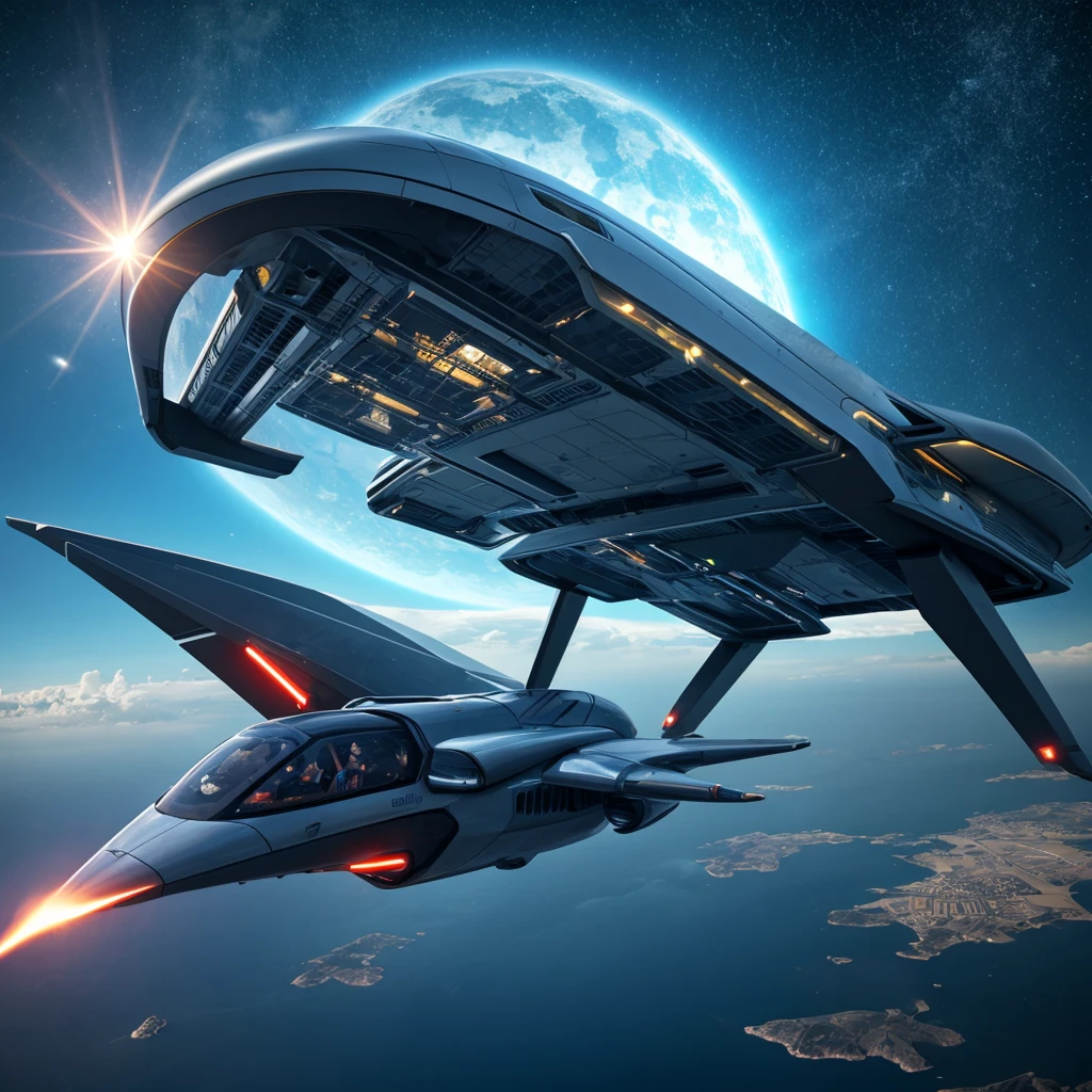 (1 spaceship, thruster view, back view), Rebel Galaxy Game, image-centered, dark setting, golden ratio, space, stars, nebula