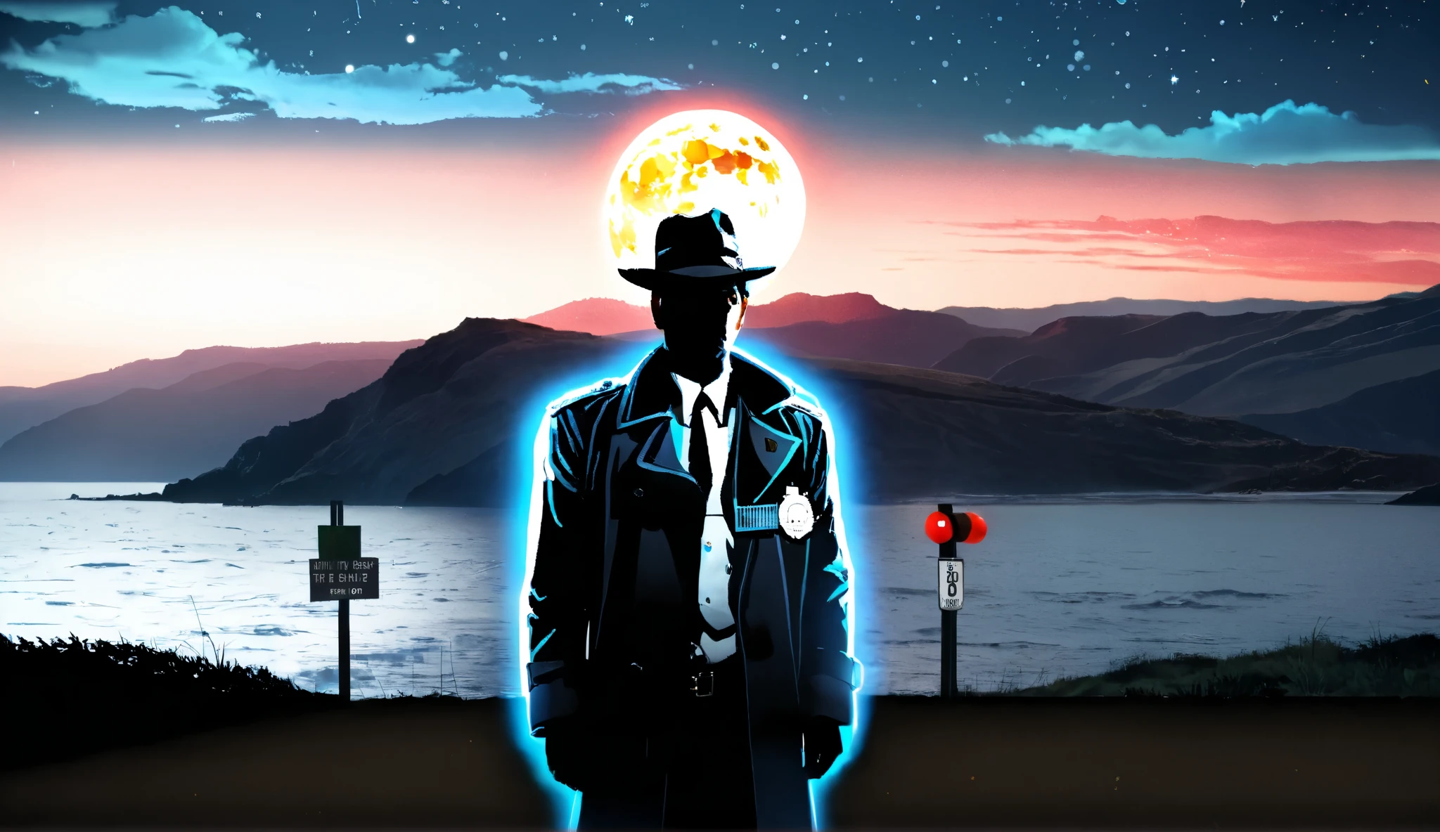 **Main Character:** A weary yet determined Detective, **Alex Hart**, with a seasoned expression and a drooping mustache, wearing a worn trench coat and fedora, standing defiantly in front of the SCP-5842.
**Background:** A vast, lush landscape stretches out behind them, with a coastal view and a clear, starry night sky. In the distance, a solitary, **disintegrating full moon** hovers over the dark waters, casting an ominous glow on the scene. The calm, picturesque setting is juxtaposed with the eerie stillness, creating an unsettling atmosphere.
**Supporting Characters:** In the background, barely visible, are the silhouettes of two **protruding stop signs**, identical to SCP-5842, standing ominously in the distance, further hinting at the sinister force at work.
**Branding Type:** **Neon Noire** - A blend of 80s and 90s film noir aesthetics, employing bold, neon colors, dramatic shading, and a gritty, urban feel.
**Tagline:** "It begins at sunset, ends at dawn, and it's always watching."
**Visual Style:** The poster is dominated by cool, **analogous colors**, accentuated by stark, contrasting blacks and neon blues. The figure of Detective Hart is placed centrally, with the SCP-5842 and background elements extending outwards symmetrically. Elements of **grunge** and **decay** are present, hinting at the escalating threat and relentless pursuit.