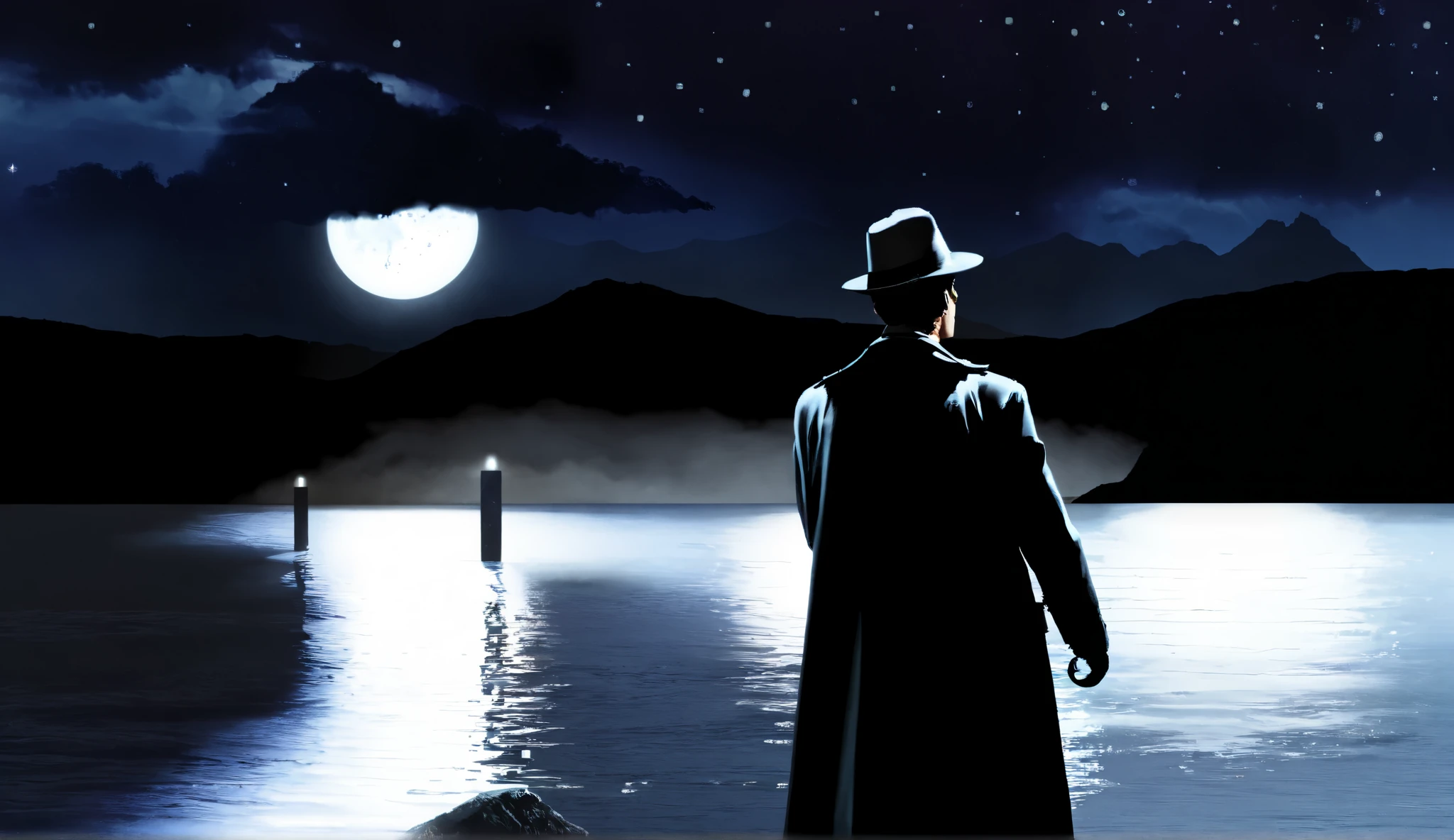 **Main Character:** A weary yet determined Detective, **Alex Hart**, with a seasoned expression and a drooping mustache, wearing a worn trench coat and fedora, standing defiantly in front of the SCP-5842.
**Background:** A vast, lush landscape stretches out behind them, with a coastal view and a clear, starry night sky. In the distance, a solitary, **disintegrating full moon** hovers over the dark waters, casting an ominous glow on the scene. The calm, picturesque setting is juxtaposed with the eerie stillness, creating an unsettling atmosphere.
**Supporting Characters:** In the background, barely visible, are the silhouettes of two **protruding stop signs**, identical to SCP-5842, standing ominously in the distance, further hinting at the sinister force at work.
**Branding Type:** **Neon Noire** - A blend of 80s and 90s film noir aesthetics, employing bold, neon colors, dramatic shading, and a gritty, urban feel.
**Tagline:** "It begins at sunset, ends at dawn, and it's always watching."
**Visual Style:** The poster is dominated by cool, **analogous colors**, accentuated by stark, contrasting blacks and neon blues. The figure of Detective Hart is placed centrally, with the SCP-5842 and background elements extending outwards symmetrically. Elements of **grunge** and **decay** are present, hinting at the escalating threat and relentless pursuit.