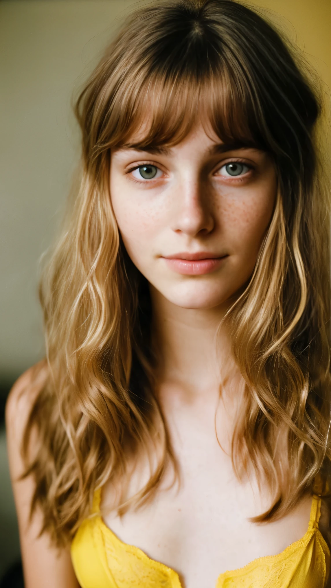 realistic photo of a 17-year-old girl, beautiful face, cute appearance, long wavy blonde hair with bangs, freckles, standing in plains relaxed expression, brimming with emotion, interplay of contrast along with detailed light and shadow, depth of field, dark atmosphere with candlelight scenario, nude we can see tits.
