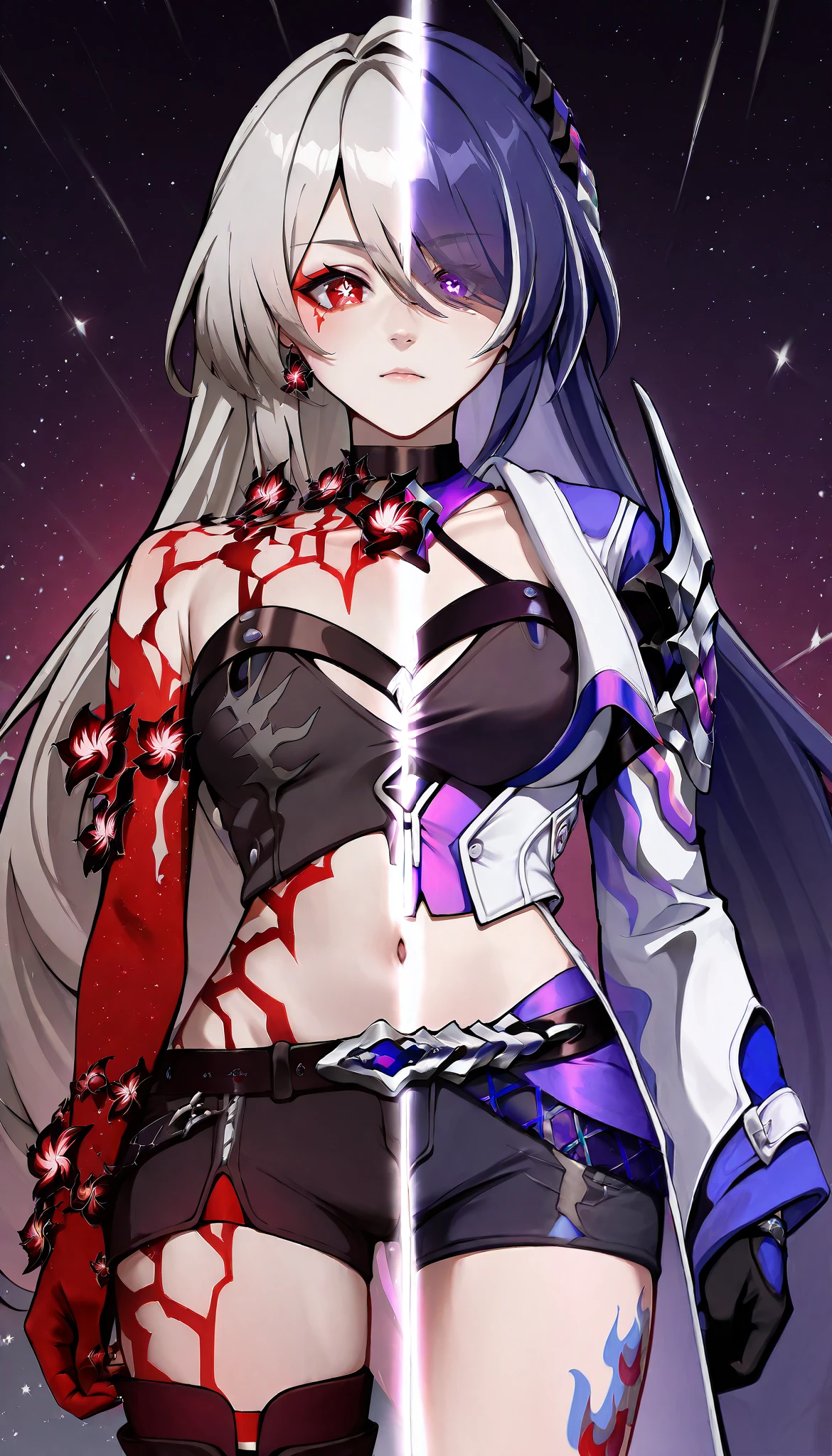 masterpiece, best quality, indoor, 1girl, SplitScreen, split screen, standing, navel, acheron_\(honkai_star_rail\) , purple hair , purple eyes, fingerless gloves, short shorts ,midriff, crop top , asymmetrical footwear , belt,choker , single bare shoulder, tattoo, acheron_\(white\)_\(honkai_star_rail\), grey hair , red eyes , black dress ,shorts ,bare shoulders , black sleeve, flower choker, red scar, colored skin,