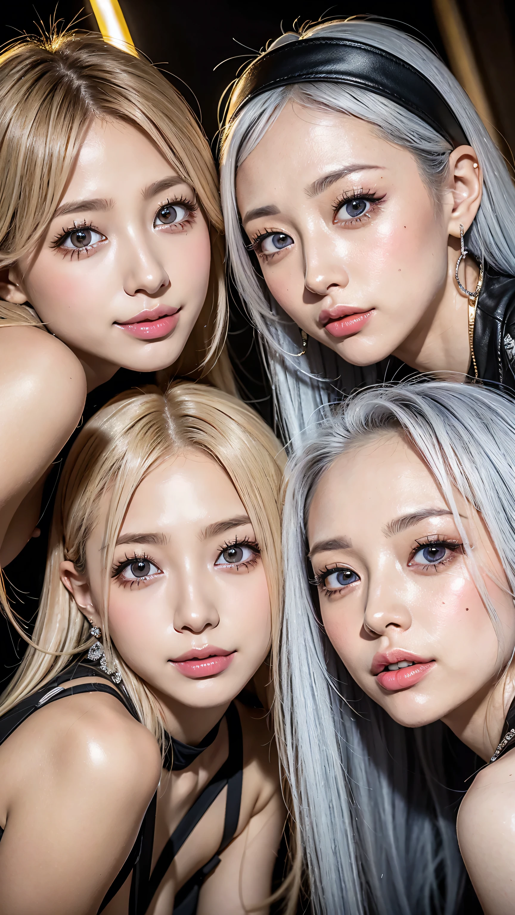 8k,high definition、 ultra clear 、 eyes match 、is staring at me、 I'm watching a close-up。My Face 、 すべての eyes match、 click here、I want to get close to beautiful women nearby 、 big nipples , huge nipples,Look at me with a smile 、vision、 Beautiful platinum colored hair 、 pose 、 4 beautiful women look at our beautiful long legs from an angle 、 I'm watching in close-up、I want to make eye contact with everyone, my lips are sticking out