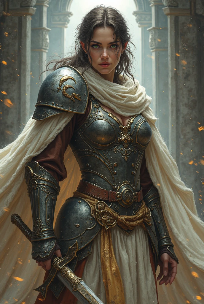 ((masterpiece))), (((best quality))), ((ultra-detailed)), (hyperrealistic), (highly detailed CG illustration), cinematic light, photorealistic ,extremely beautiful young lady, light makeup, big breast, intricate detailed eaba, red cape, spear
