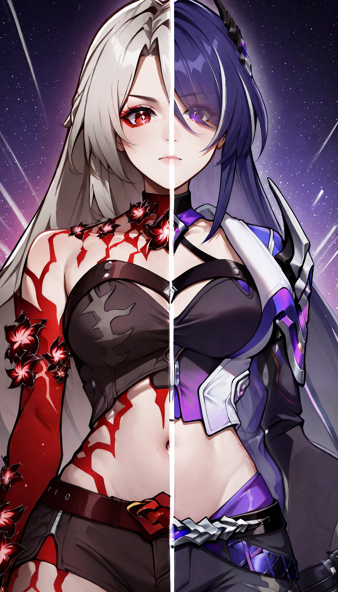 masterpiece, best quality, indoor, 1girl, SplitScreen, split screen, standing, navel, acheron_\(honkai_star_rail\) , purple hair , purple eyes, fingerless gloves, short shorts ,midriff, crop top , asymmetrical footwear , belt,choker , single bare shoulder, tattoo, acheron_\(white\)_\(honkai_star_rail\), grey hair , red eyes , black dress ,shorts ,bare shoulders , black sleeve, flower choker, red scar, colored skin,