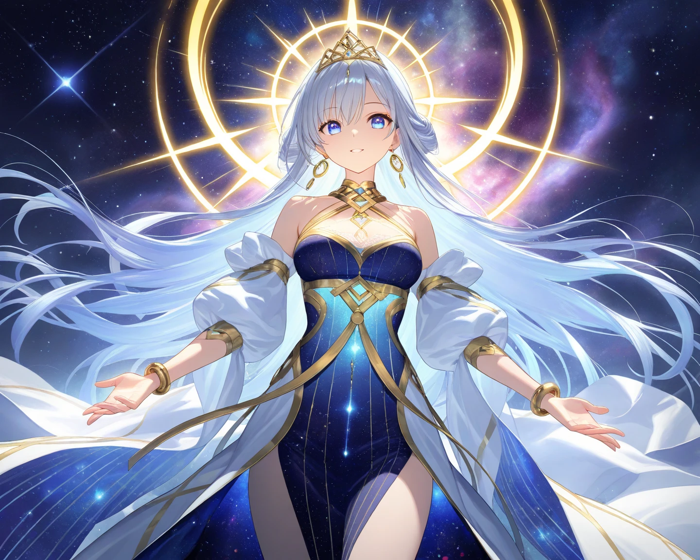 (masterpiece、top-quality、top-quality、Official Art、Beautifully Aesthetic:1.2)、(1girl in)、ighly detailed、(Fractal art:1.3)、colourfull、highestdetailed、face perfect、The upper part of the body、HDR、(doa:1.3)、(White cloak golden lines:1.2)、intergalactic、(light streaks)、striking visuals、(Dynamic streaks、Bright trajectory:1.2)、vivd colour、frontage、goddes、mystical、realisitic