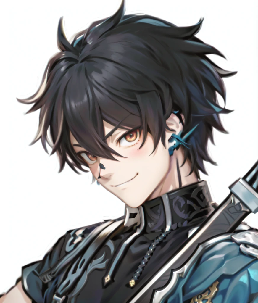 The person in the black shirt holds the sword up, shirow Authentic, Genshin Impactのキャリング, portrait gap moe yandere grim dark, Authentic shiro, handsome man appearing in Demon Slayer Art , Mischievous Smile, shadowverse style , inspired by Okumura Masanobu, Authentic, clear and vivid RPG portrait