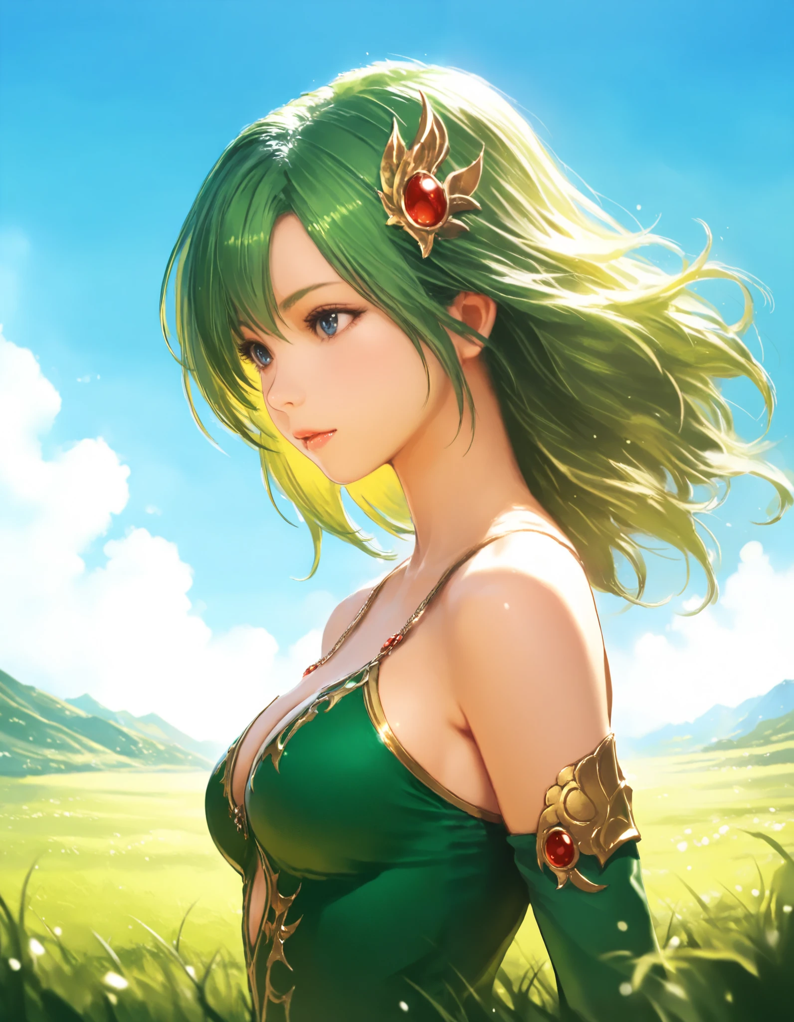 1girl, rydia \(ff4\), final fantasy, year 2016, upper body, grassland, blue sky, masterpiece, high score, great score, absurdres, 16k, super detail