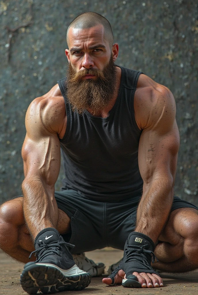 Masterpiece, denoise, void noise, one man, best quality, 8k resolution, male focus, focus only, amazing composition, volumetric lighting, super quality, elegant, Very detailed, front view, facing viewer, -----------, 35 years old, mature face, muscular, Caucasian, (((white skin, pale skin))), handsome, (detailed light-blue eyes), ((black hair, messy medium hairstyle)), big ears, (black hairy pectorals, thick plenty chest and body hair), (medium long beard), (((big pink nipples, perky nipples))), ------------, ((((Detailed shorts)))), (((shirtless))), (((dark room))), (((sitting in front of viewer legs open)))