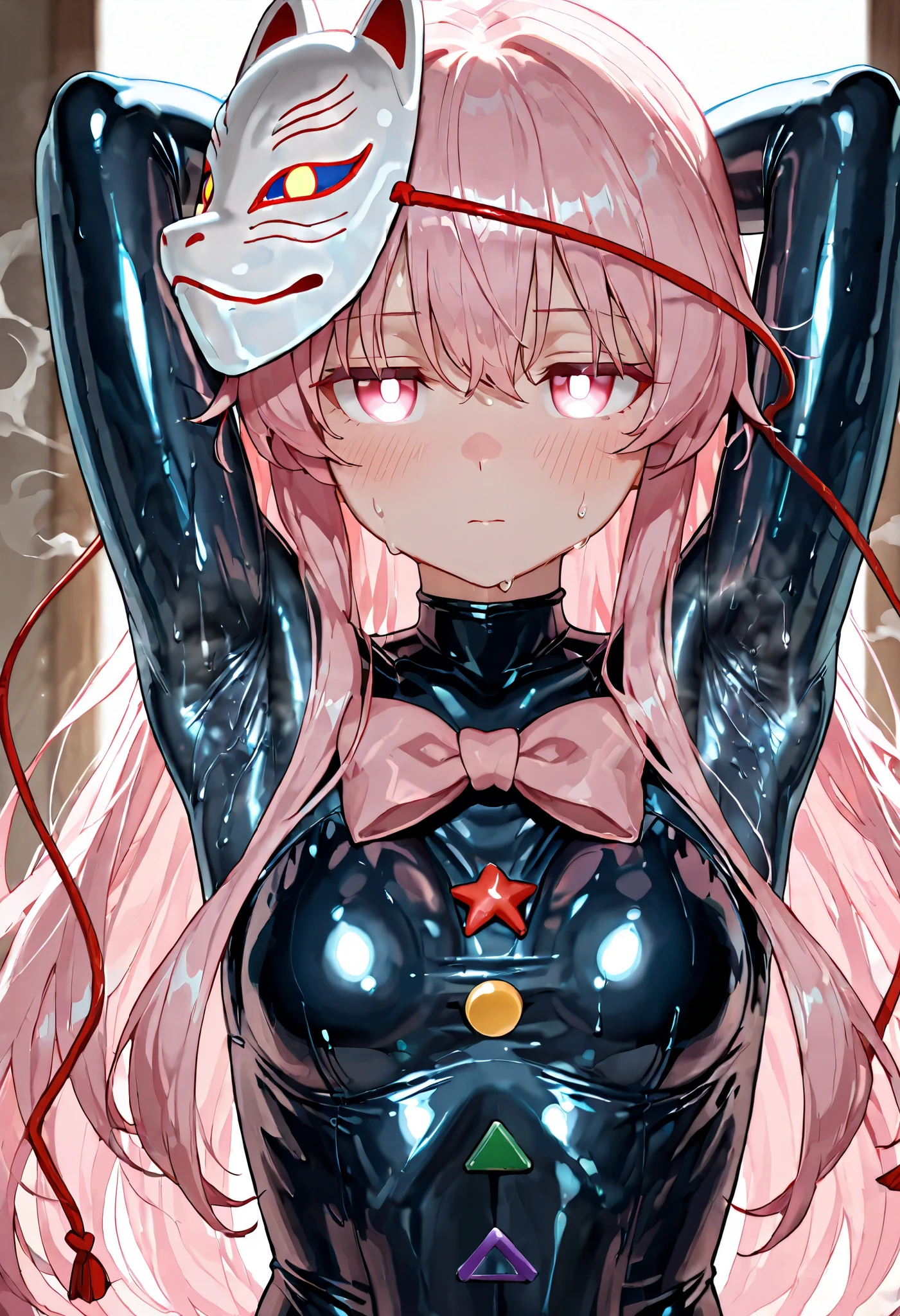 (masterpiece, Highest quality, Ultra-high resolution), 1girl, Hata no Kokoro, fox mask, Pink hair, long hair, pink eyes, mask on head, (dark blue latex bodysuit), The clothes fit perfectly, pink bowtie, latex has a strong metallic sheen, Glossiness, shiny, whole body slimy, Sweat, Stuffy, steamy, Glossiness, shiny, cute face, anime face, backlight, Armpit, Pose that shows off her armpits, Raise arms, focus on armpit, close up