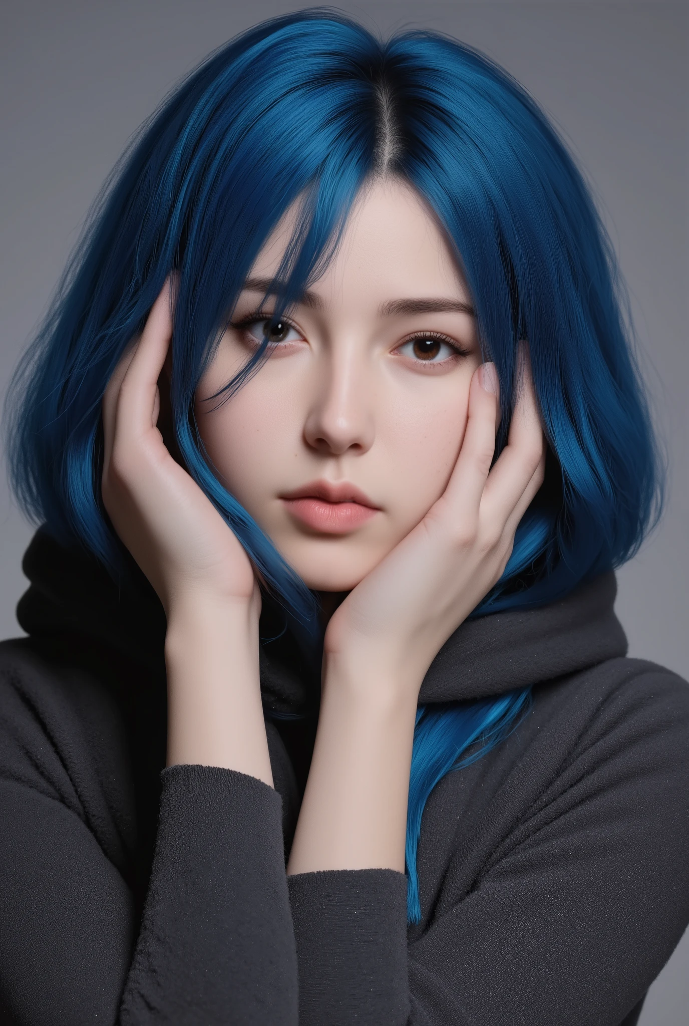 blue hair,Black eyes
,detailed and contrasting hair and eyes, Young female de hood de cor cinza, Photo trunk up, high quality and best resolution, background/scenario that matches the character/Young female, hands touching the face. Perfect anatomy from the torso upwards in line with the clothes/hood. Just her in the image. Young adult with a youthful and cinematic face/HD wall portrait. Delineated and outlined nails .. anatomically correct fingers ((while touching the woman in question's own hair)).