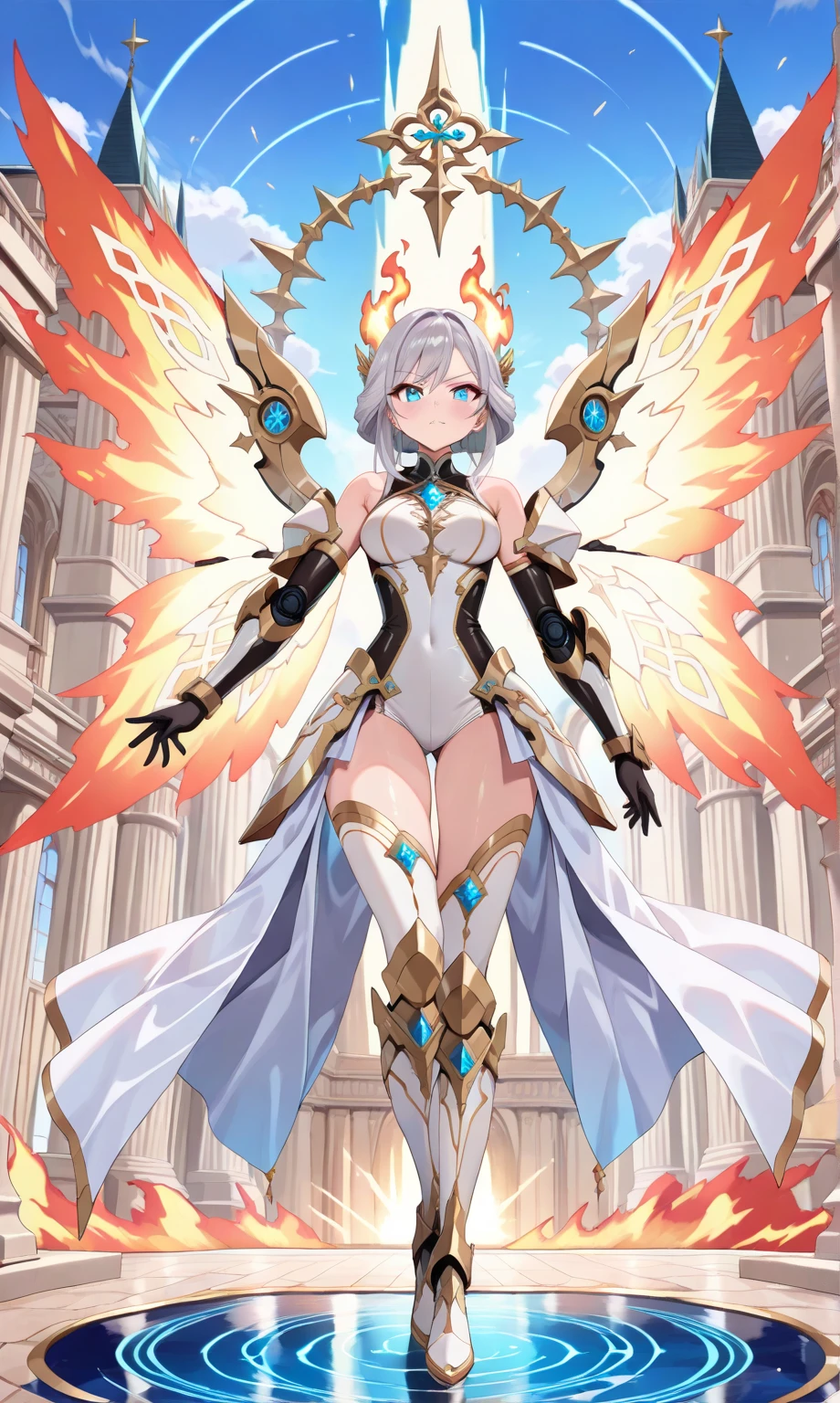 fantasy, 1angel_girl,young_teen, ,silver_hair, short_hair, long_bangs, halo,bare_shoulder,thighhighs,silver_armor, waist_armor, large_breasts,half_eyes,1pair_wings, dynamic_pose_fighting,floating, bare_crotch, headgear,gauntlet, greaves,city_background,slightly_spread_legs, solo, groin_naked,tan_skin,hair_over_one_eye,