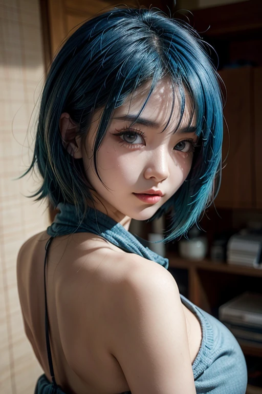 fashion photography portrait of 1girl, offshoulder, fluffy short hair, soft light, rim light, beautiful shadow, low key, (photorealistic, raw photo:1.2), (natural skin texture, realistic eye and face details), hyperrealism, ultra high res, 4K, Best quality, masterpiece, necklace, (cleavage:0.8), in the dark, (1girl:1.2, body covered in words, words on body:1.1, tattoos of (words) on body:1.2), (masterpiece:1.4, best quality), medium breasts, white t-shirts, ((blue hair)), night street,
