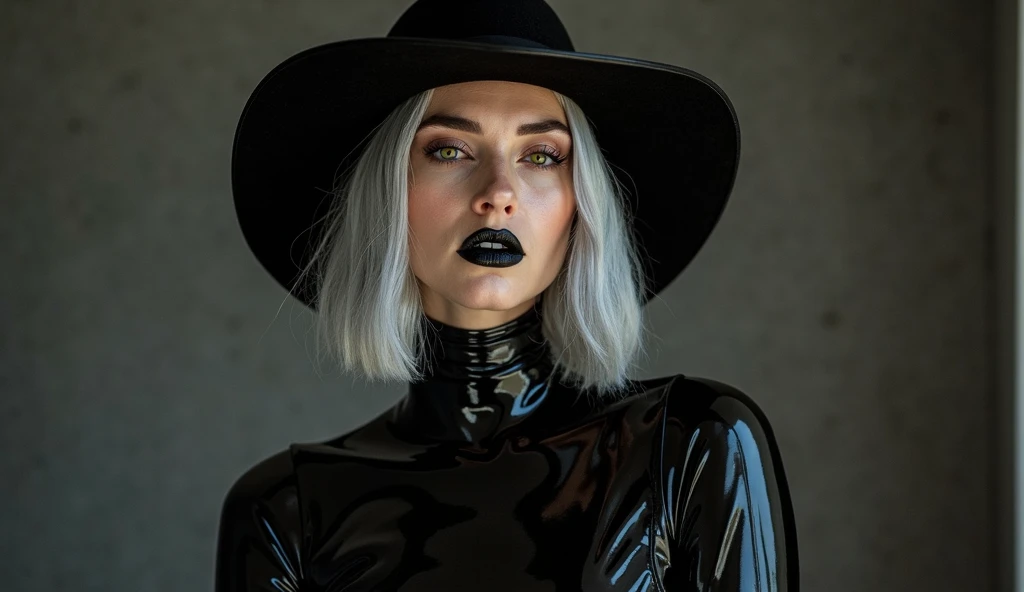 In a dimly lit room, a woman stands confidently, her very long bob cut silver metallic hair catching the faint light. You see her whole form from her boots, , gloves, face, eyes, lips, nose, hair and the large shiny hat she wears. She is clad in completely seamless shiny obsidian black that clings to her figure like a second skin, complemented by heelless ballet boots and matching gloves. Her shoulders wear smooth due to the seamless design of the suit she wears. The absence of any fasteners or seams enhances her smooth silhouette that tastefully hides her and , a large glossy black fedora rests atop her head. Her strikingly red irises contrast against her pale creamy skin, and her black and shiny lips add an alluring touch. The composition captures her poised stance, creating an air of elegance and mystery.
