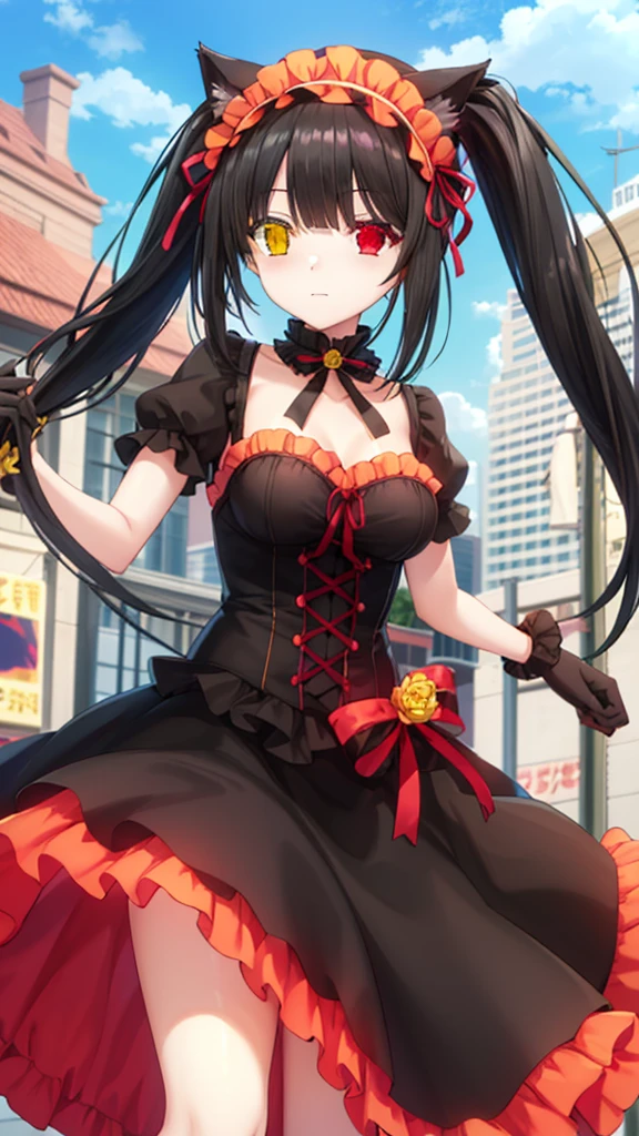 Highest quality, shape, Very detailed, In detail, High resolution, 8k wallpaper, Perfect dynamic composition, Beautiful details, Center of chest, Natural color lip, Random sexy poses,smile,20-year-old girl,Huge , A woman with long curly black hair wearing an orange dress and a black lace apron