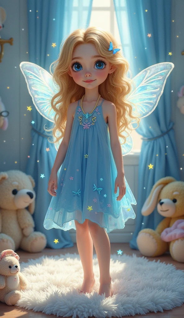 A girl in a blue dress,with stars and a moon on the dress,that she is blonde with blue eyes,with purple socks and yellow shoes