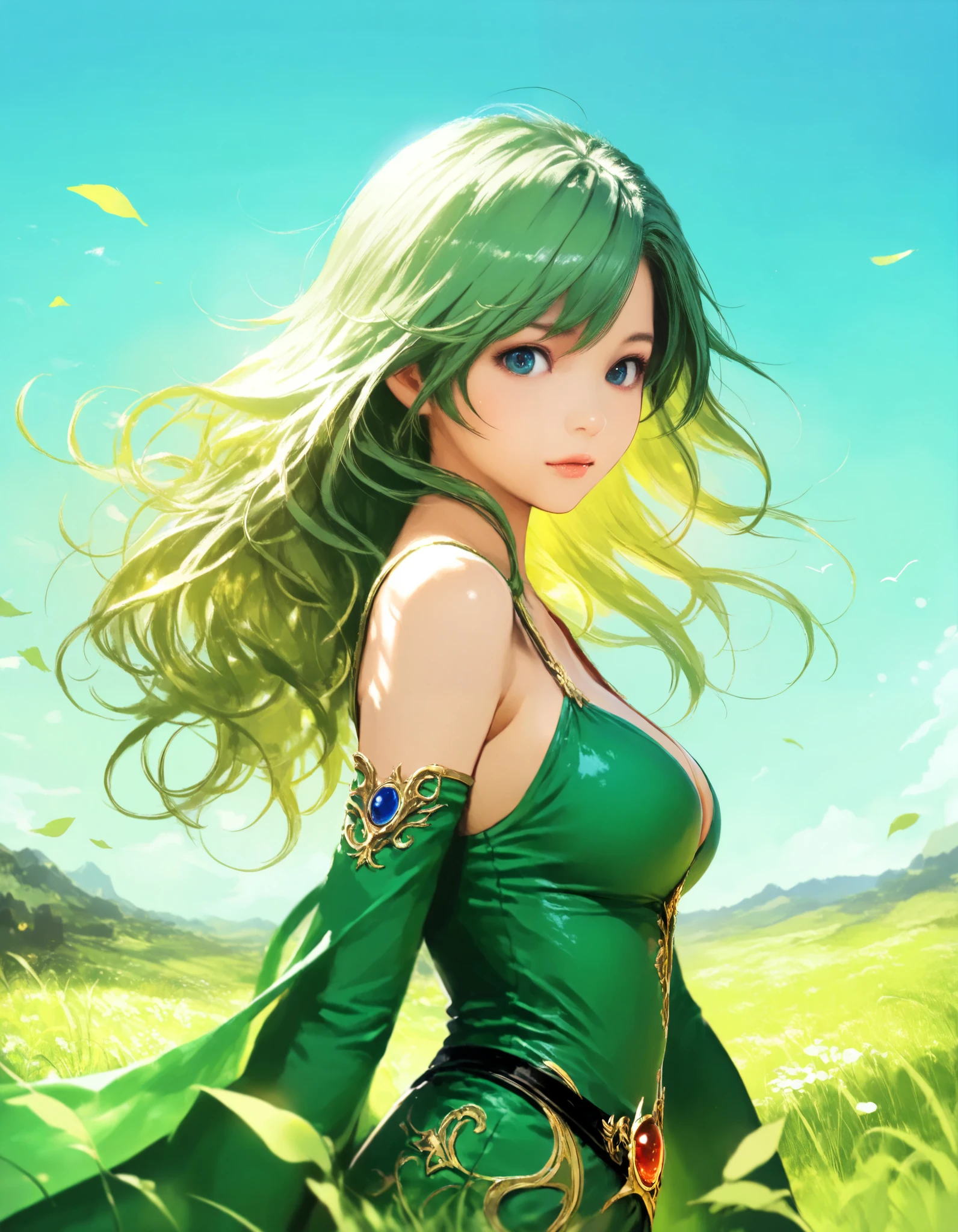 1girl, rydia \(ff4\), final fantasy, year 2016, upper body, grassland, blue sky, masterpiece, high score, great score, absurdres, 16k, super detail