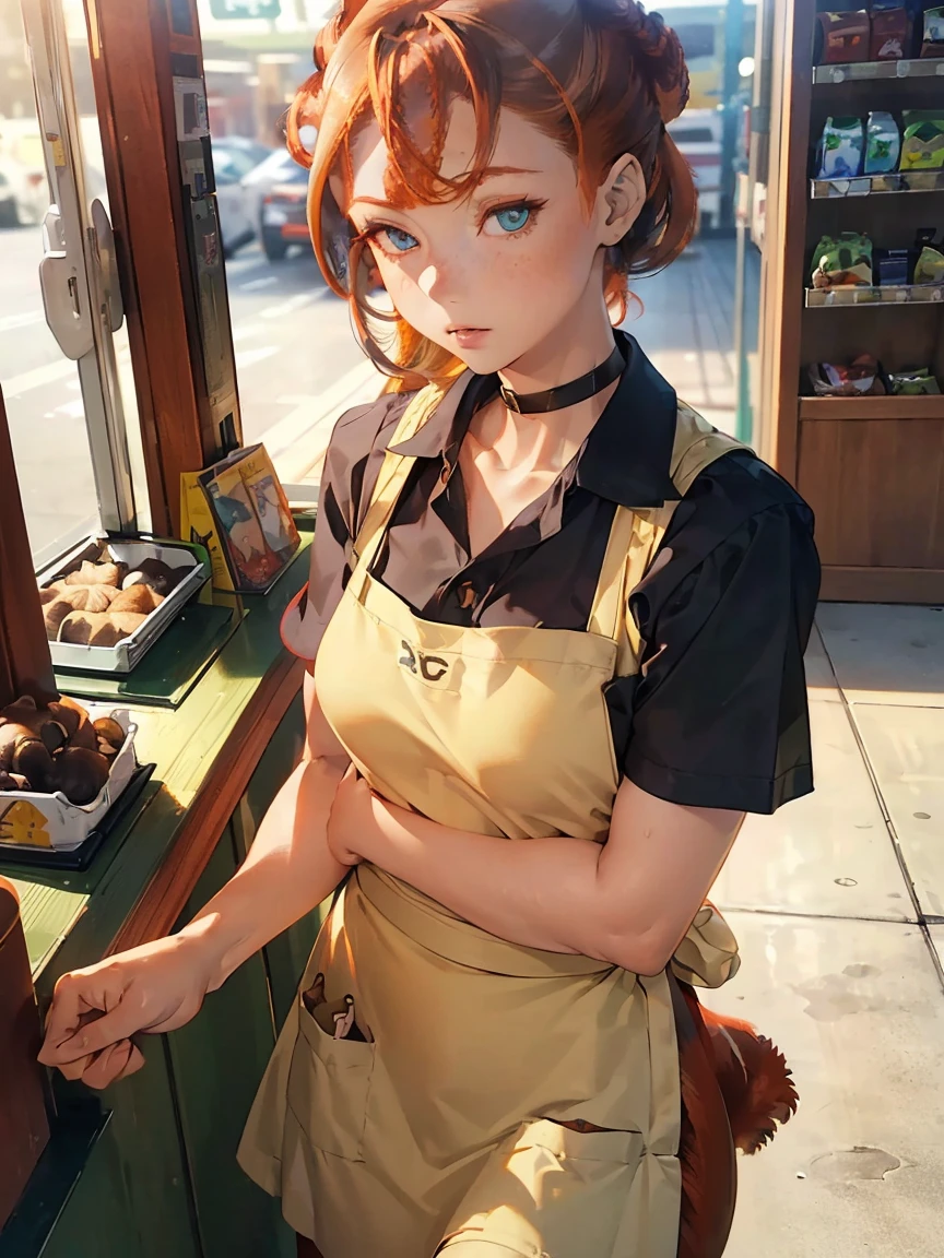 (masutepiece), Best Quality, Ultra-detailed,girl with,White Business Shirt、bionde、small nose、blurry backround、Quaint coffee shop、In the dimly lit chamber、Warm lighting