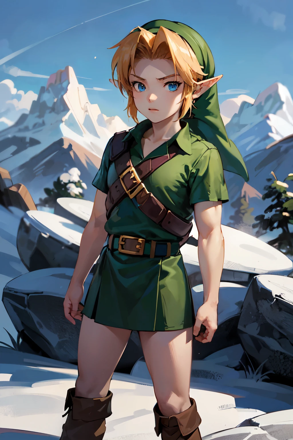 young link, Chico, by rubio, blue eyes, has, pointy ears, ((blue tunic, belt, Boots)), looking at the viewer, outside, mountain, mountain way extreme detail, HdR, beautiful quality, masterpiece,