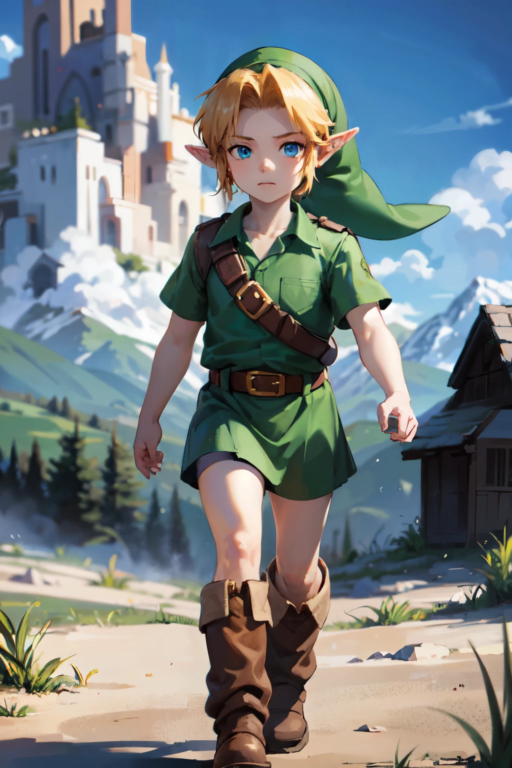 young link, Chico, by rubio, blue eyes, has, pointy ears, ((blue tunic, belt, Boots)), looking at the viewer, outside, mountain, mountain way extreme detail, HdR, beautiful quality, masterpiece,