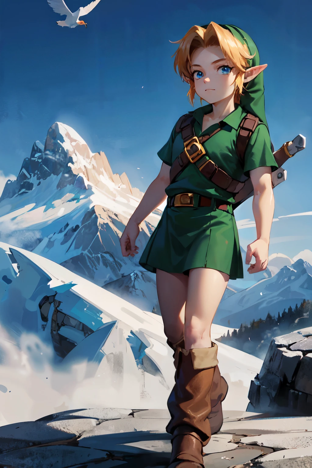 young link, Chico, by rubio, blue eyes, has, pointy ears, ((blue tunic, belt, Boots)), looking at the viewer, outside, mountain, mountain way extreme detail, HdR, beautiful quality, masterpiece,
