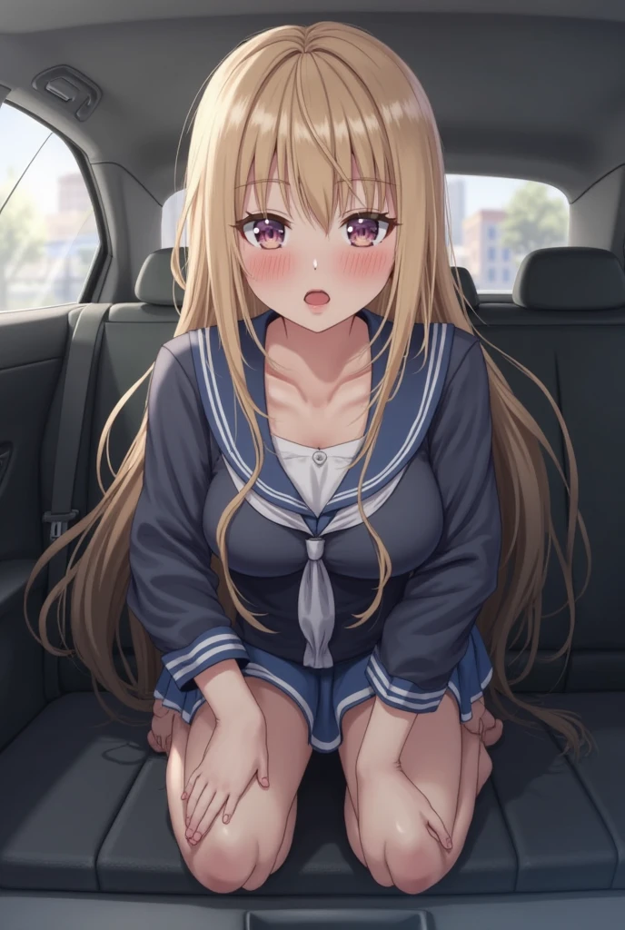 One person、、Lori、smile、human、6 year old g Hair、Tying up hair、Blonde、With bangs、small、1st grade elementt、black eye、cute、Are thin、Very small breasts、身長のsmall、体のsmall、Short legs、School uniforms、(((In the car)))、Luxury vehicles、Bare Skin、Show the whole body、 (Circular muzzle)