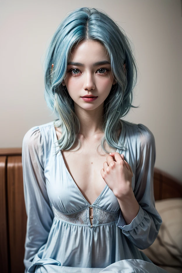 light blue hair, Turquoise eyes, Long eyelashes, Big red lips, Almond Eyes, beauty, Girlish feeling, curls, Princess