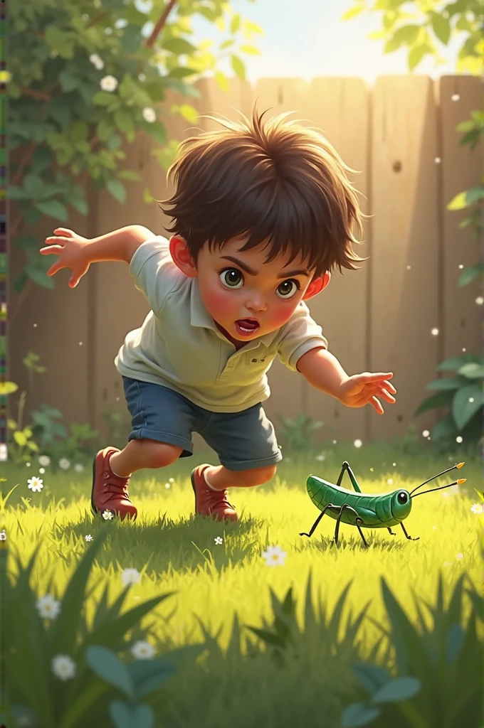 2-year-old baby catching a grasshopper in the backyard. To scare their parents