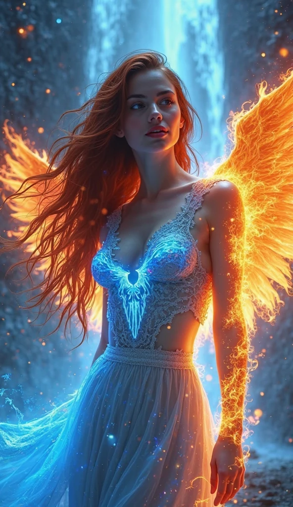 ((masterpiece, highest quality, Highest image quality, High resolution, photorealistic, Raw photo, 8K)), ((Extremely detailed CG unified 8k wallpaper)), (huge stunning goddess shot, very hot and sexy, jaw-dropping beauty, perfect proportions, beautiful body, slim body beauty:1.4), A beautiful phoenix empress, fiery blue hair, gazing into the camera with shimmering eyes, surrounded by flames, Blue sparks popping, huge wings of fire, wearing ablue and gold dress made of flames,