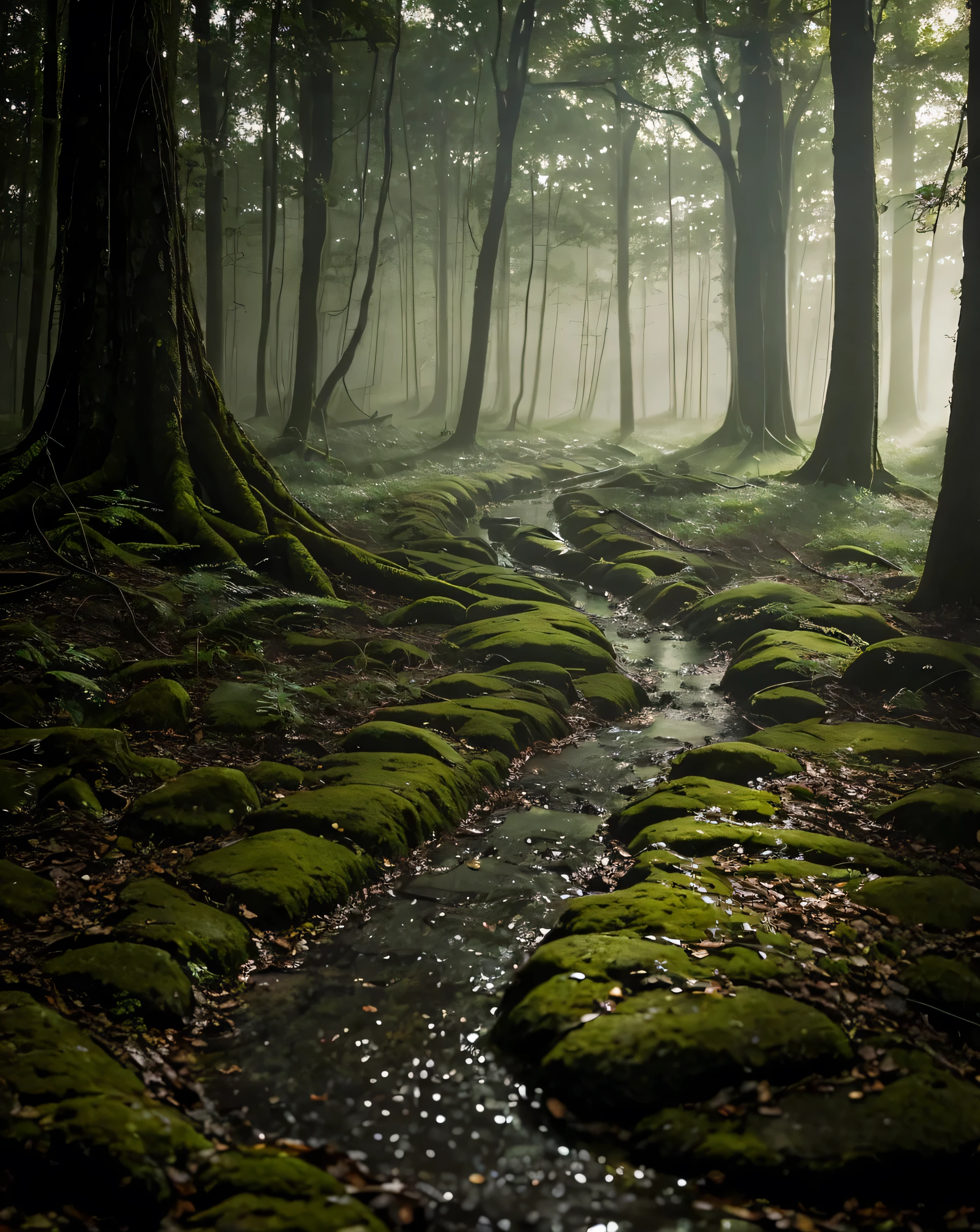 Morning recedes in a small forest hidden from the outside world. The thin mist still hovers between the trees, turns slowly around the sturdy old trunks. The morning dance is faintly audible—the earthy chirping of birds, gentle friction of the foliage, and the gurgles of water dripping from the rain ringing into the damp ground. Mossy stones reflect the golden glow of the moonshine that began to penetrate the canopy gap, creates a moving shadow on the ground adorned with roots sticking out. In the distance , the mountain looks like a mute silhouette, stands firmly in the arms of the slowly dancing morning mist. Everything feels magical, as if this forest held a secret that was only open to those who were patient enough to hear the whispers of nature.