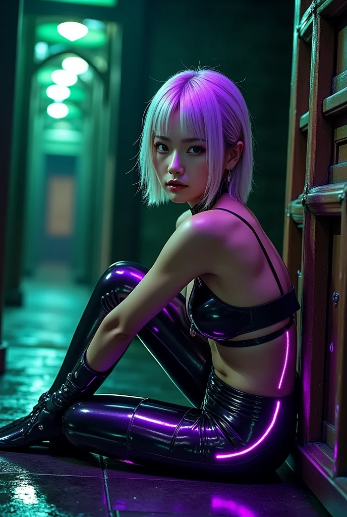 here is a woman (Zendaya) in a skin.tight leather jacket and shorts posing seductively for a picture, long hair beautiful cyberpunk woman model,  smiling with open mouth and teeth, cyberpunk photo, cyberpunk beautiful girl, cyberpunk angry gorgeous goddess, cyberpunk girl, in a cyberpunk setting, ross tran 8 k, cyberpunk judy alvarez, cyberpunk women, cinematic. by leng jun, in cyberpunk style, by Raymond Han, cyberpunk woman sitting on bed in bedroom, cameltoe, open seductive smiling mouth, legs spread, happy worshipping, intense eye contact