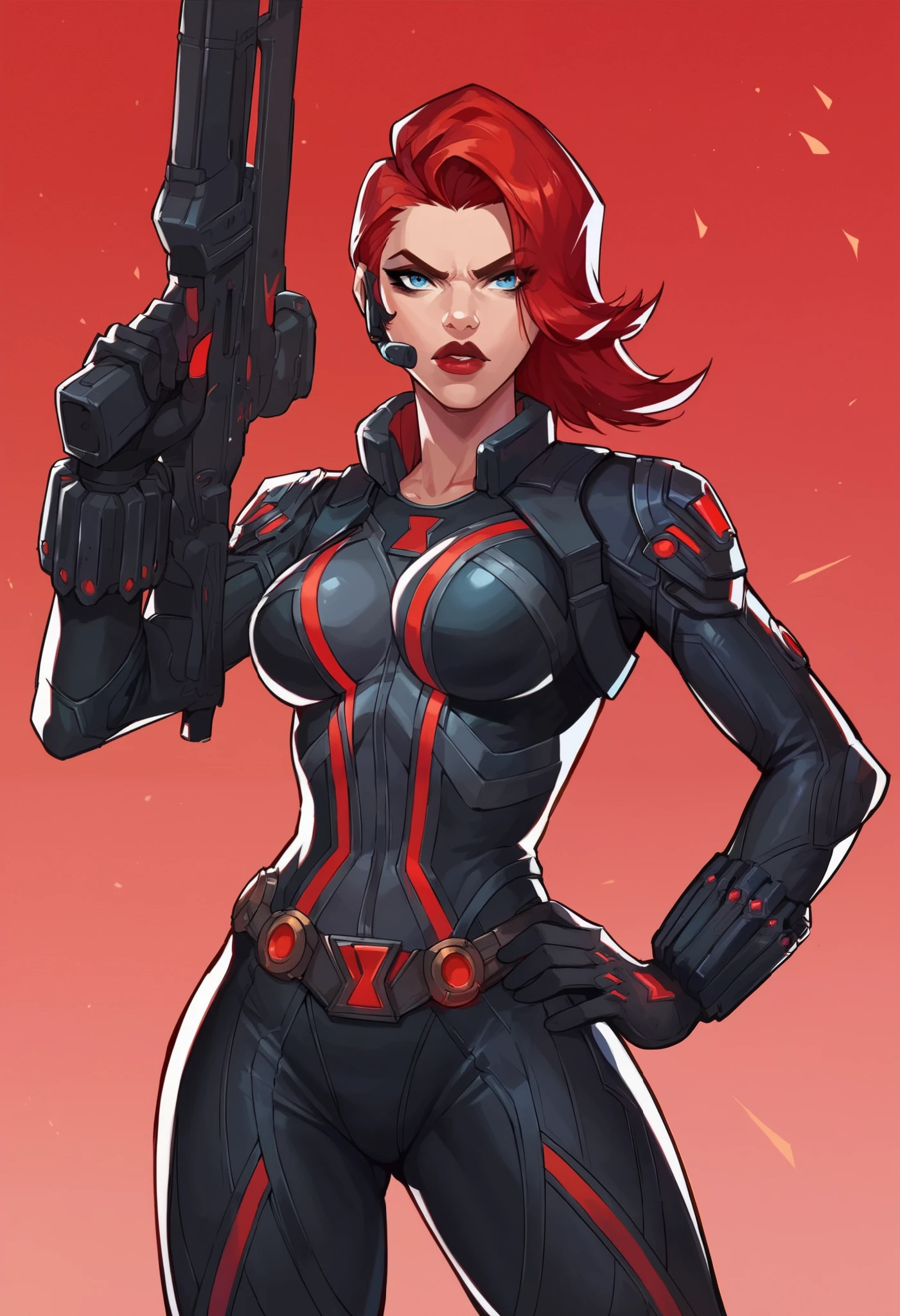 score_9, score_8_up, score_7_up, score_6_up, expressiveh, blackwidow_rivals, 1girl, solo, cowboy shot, red hair, asymmetrical hair, headset microphone, eyeliner, blue eyes, red lips, bodysuit, black bodysuit, gloves, black gloves, forearm guns, black clothes, red details, red glow, baton_(weapon), holding weapon, sniper rifle, holding sniper rifle, huge weapon, posing, hand on hips, red sparks, red background, geometric shapes, looking at viewer, geometric pattern on background 