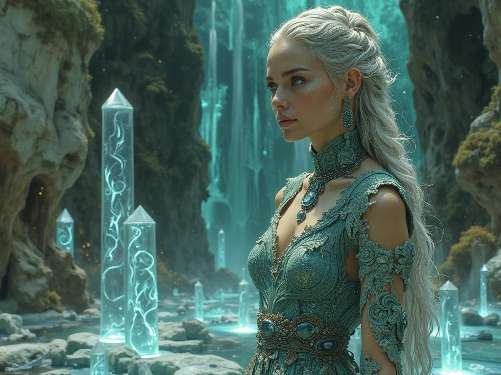 From back, (masterpiece), (best quality), extremely delicate and beautiful, illustration, (fantasy landscape), A mesmerizing fantasy landscape with enchanting elements blending seamlessly. (A gorgeous European woman, age 23, blonde hair), dressed like a ((futuristic scientific explorer)), ((walking in a Majestic crystal cave mine)), adorned with vibrant blue hue glow reflecting off the surroundings. A sense of tranquility and wonder fills the air, inviting exploration and discovery, depth of field, HDR.(((SFW)))
