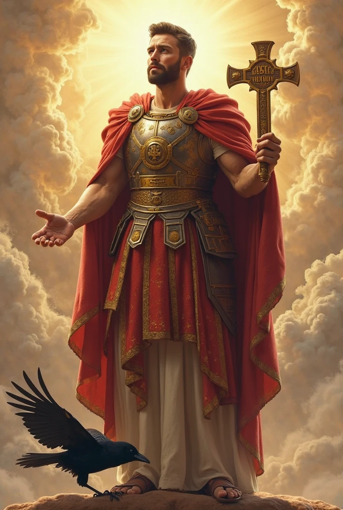 pintura de um homem de armadura segurando uma espada e um escudo, estilo 300 de esparta, Arcanjo Miguel, segurando sua longa espada, padroeiro do 🛸🌈👩🏾, inspirado em Hubert van Eyck, inspired by Mór Than, [ Tarot card ]!!!!!, saint of the pit, saint michael the angel, inspirado em Hans Memling, Inspired by 300 thermopylae, hepaminondas,